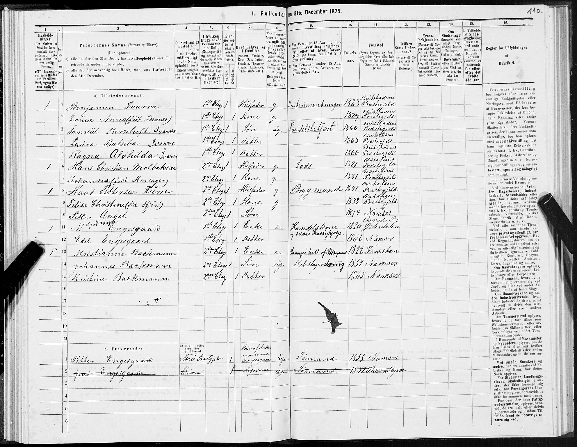 SAT, 1875 census for 1703B Namsos/Namsos, 1875, p. 110