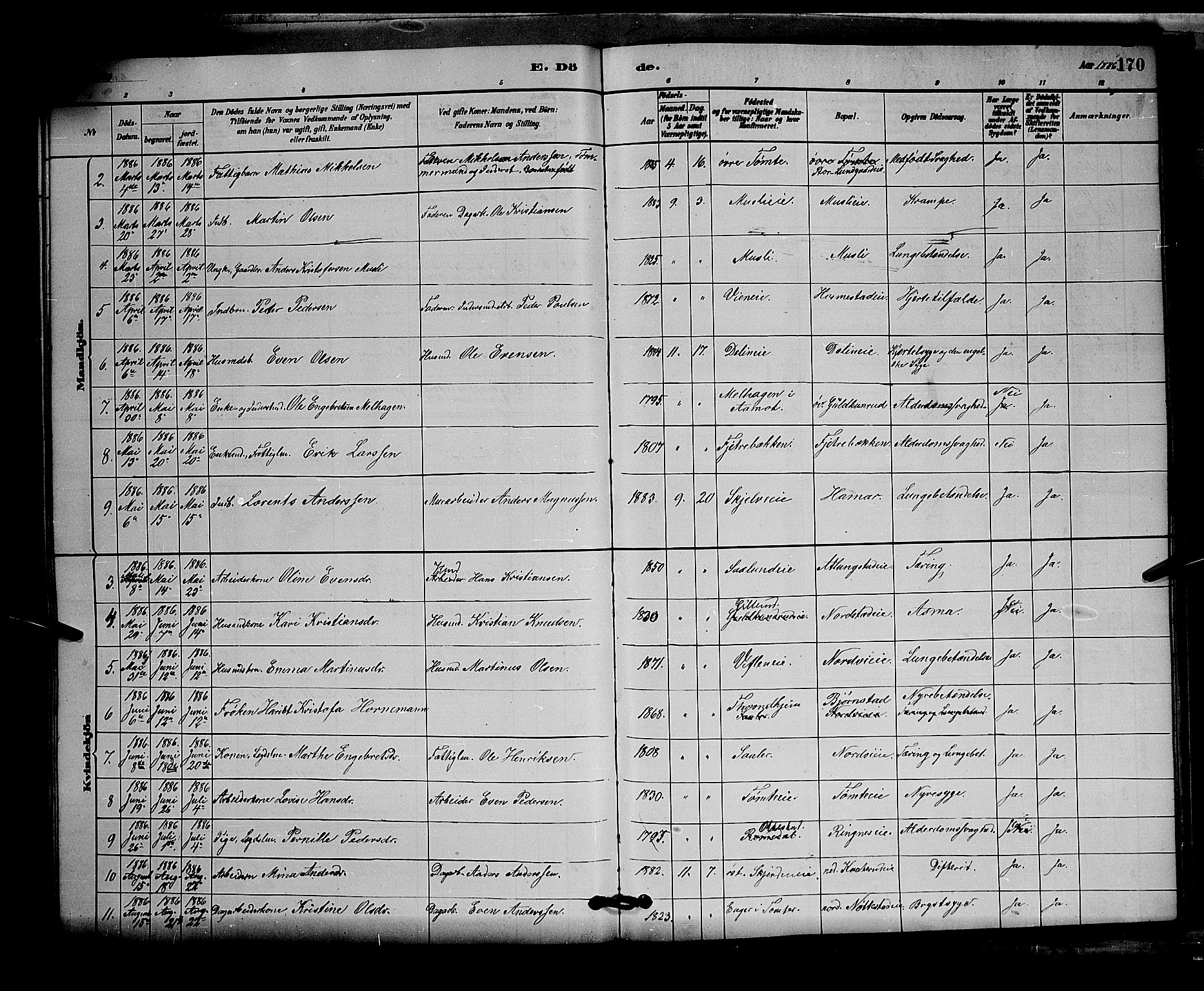 Stange prestekontor, SAH/PREST-002/L/L0007: Parish register (copy) no. 7, 1880-1893, p. 170