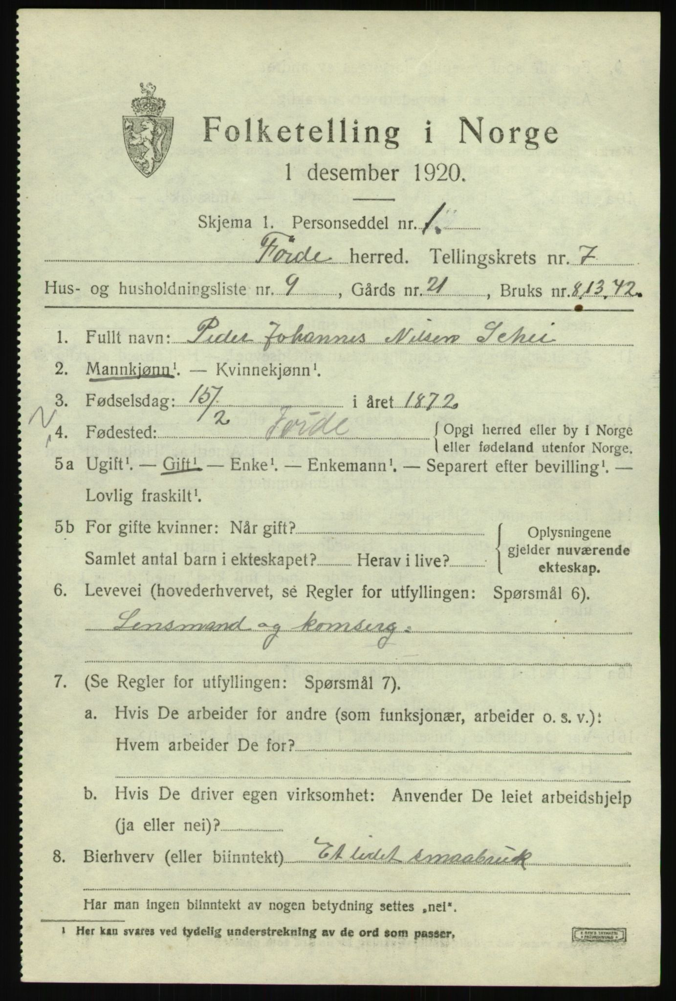 SAB, 1920 census for Førde, 1920, p. 2484