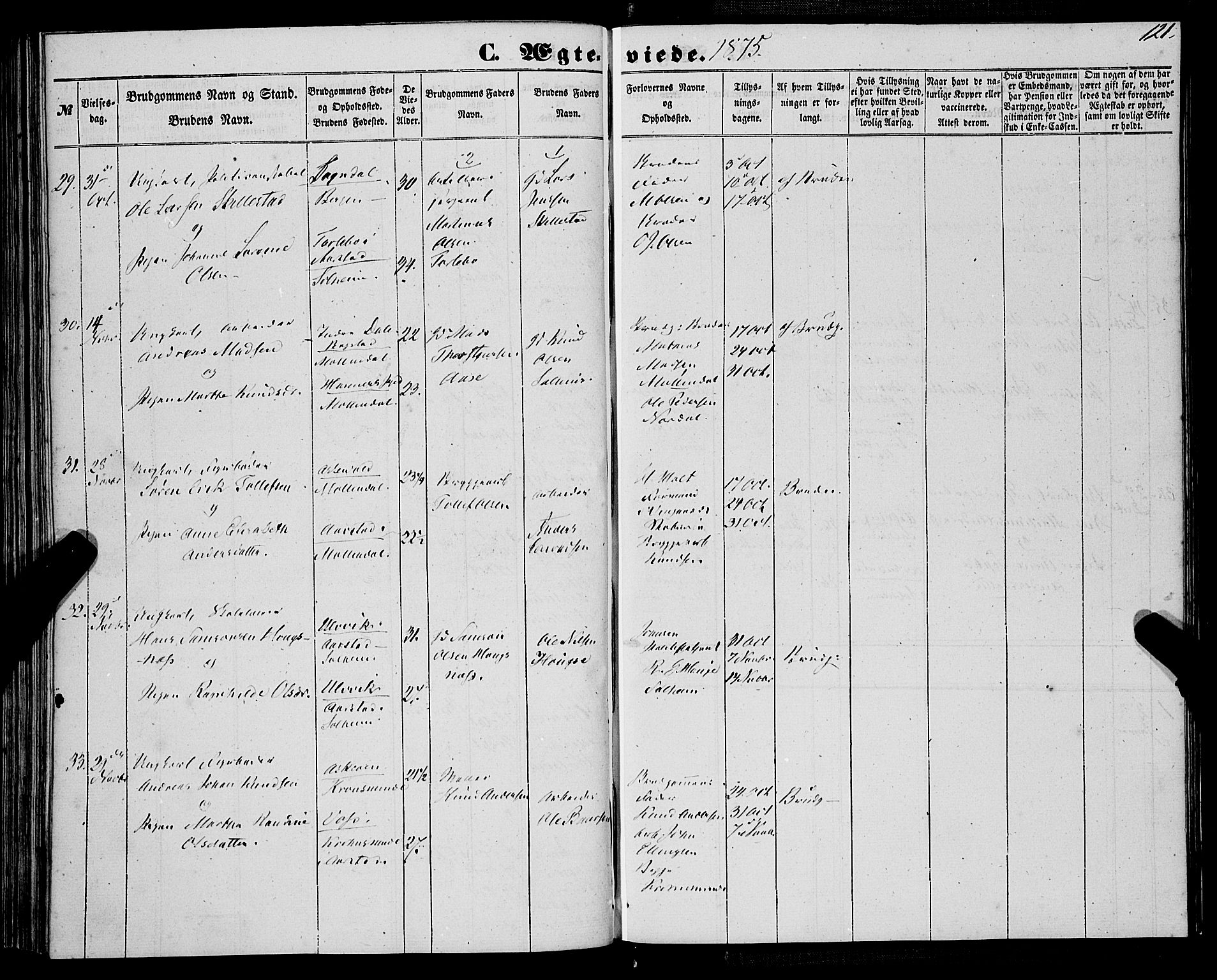 St. Jørgens hospital og Årstad sokneprestembete, AV/SAB-A-99934: Parish register (official) no. A 9, 1853-1878, p. 121