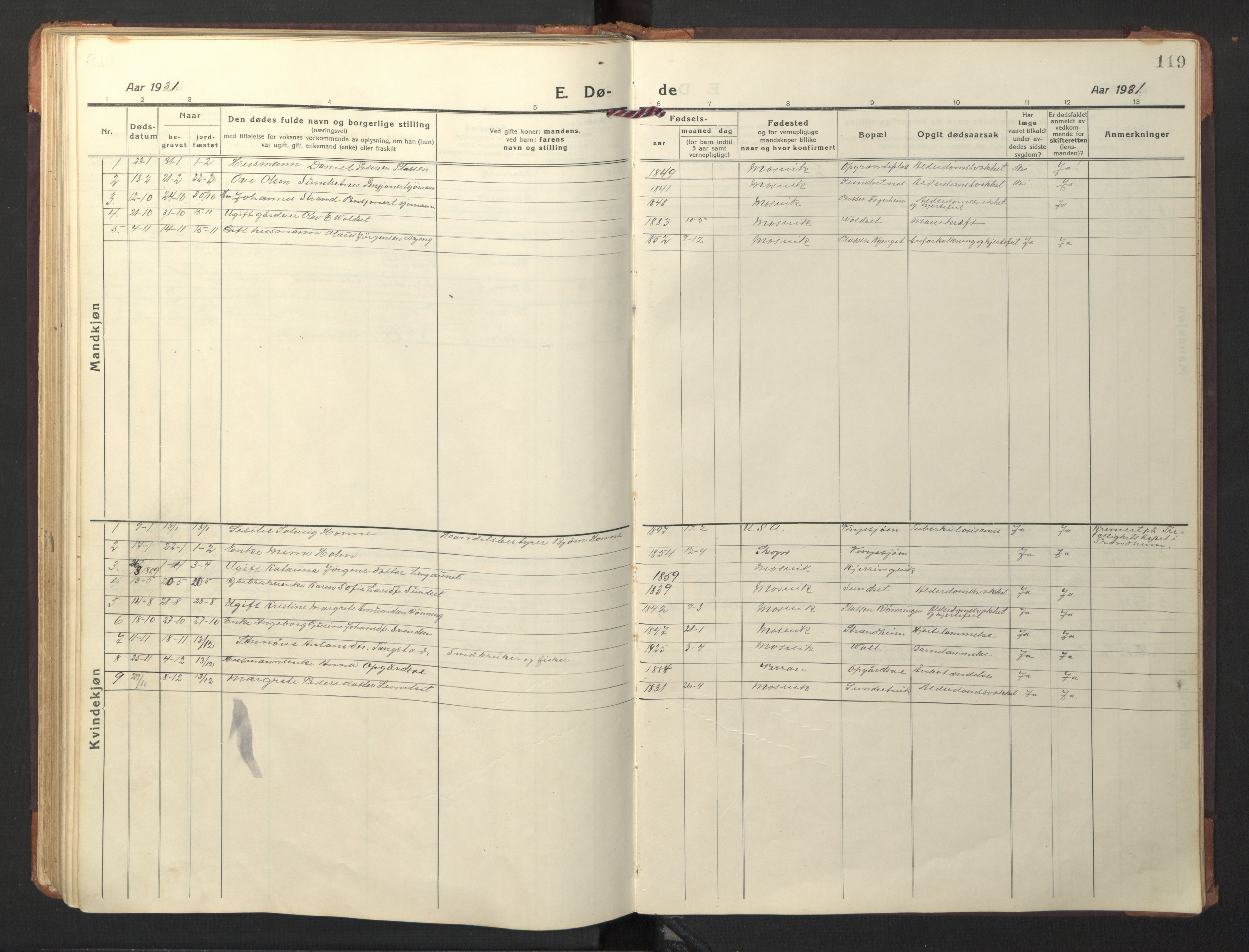 Ministerialprotokoller, klokkerbøker og fødselsregistre - Nord-Trøndelag, SAT/A-1458/733/L0328: Parish register (copy) no. 733C03, 1919-1966, p. 119