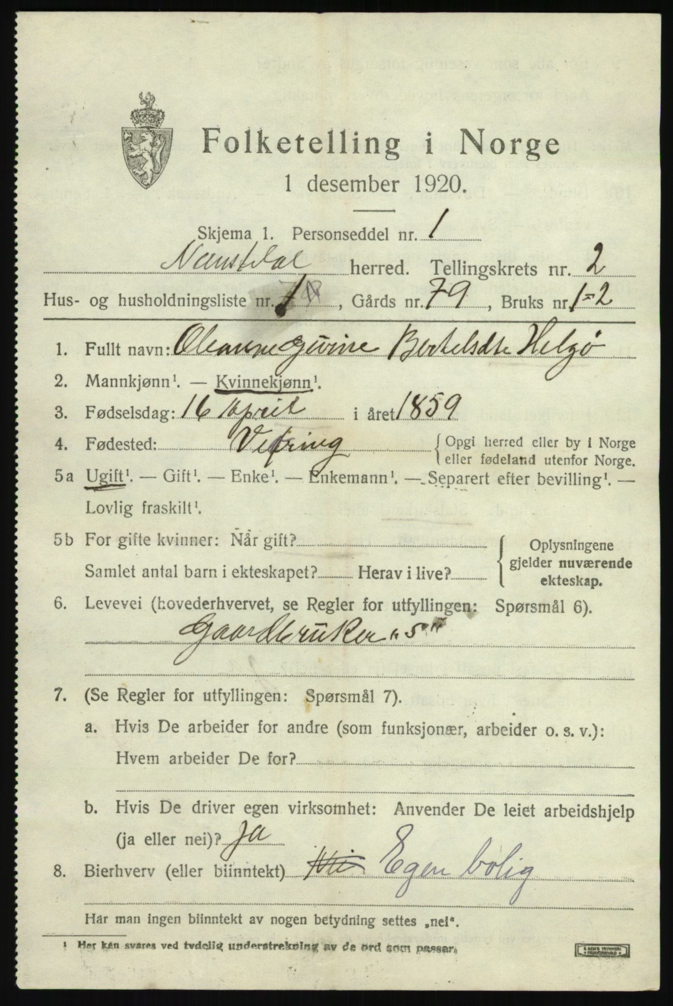 SAB, 1920 census for Naustdal, 1920, p. 1271