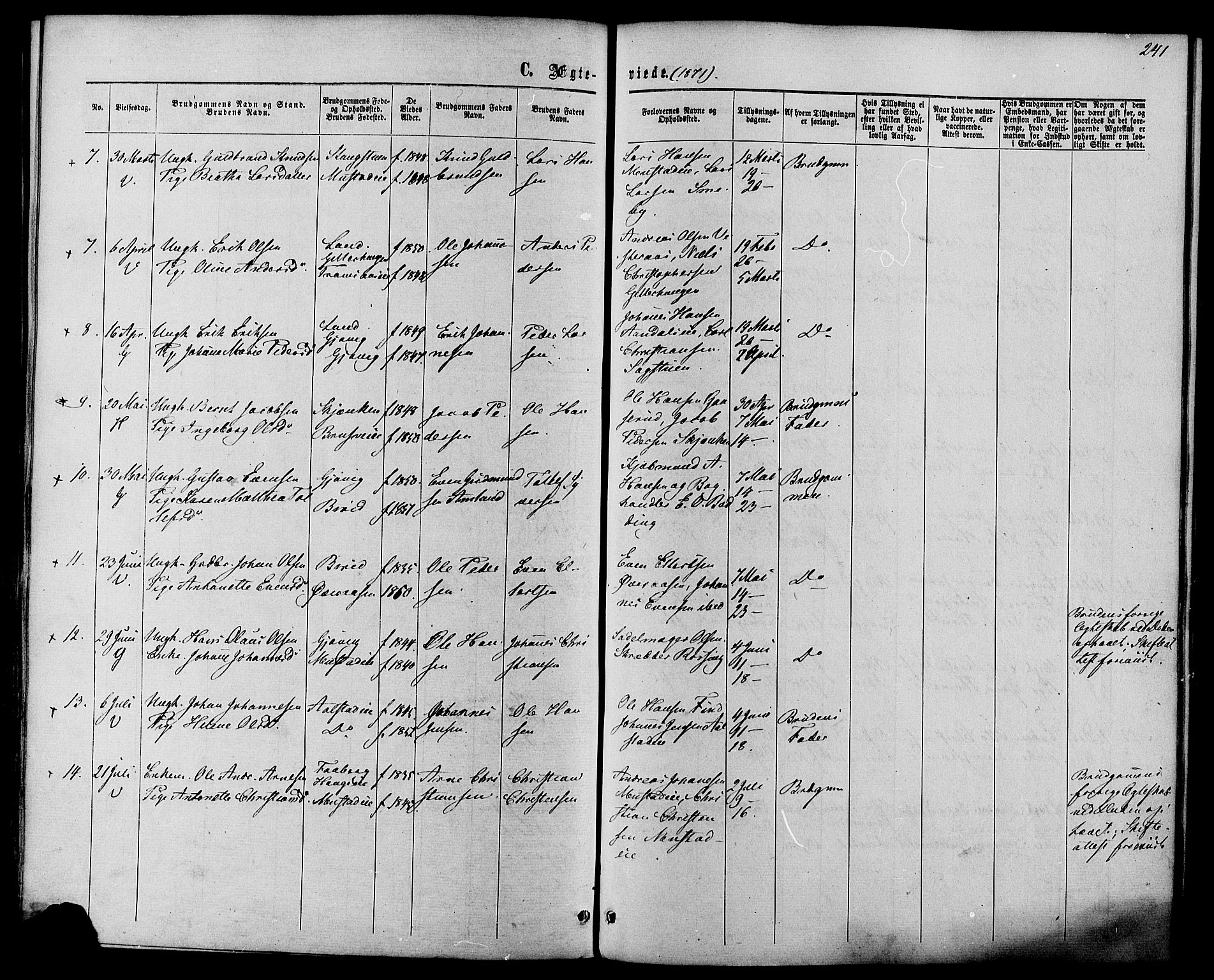 Vardal prestekontor, SAH/PREST-100/H/Ha/Haa/L0007: Parish register (official) no. 7, 1867-1878, p. 241