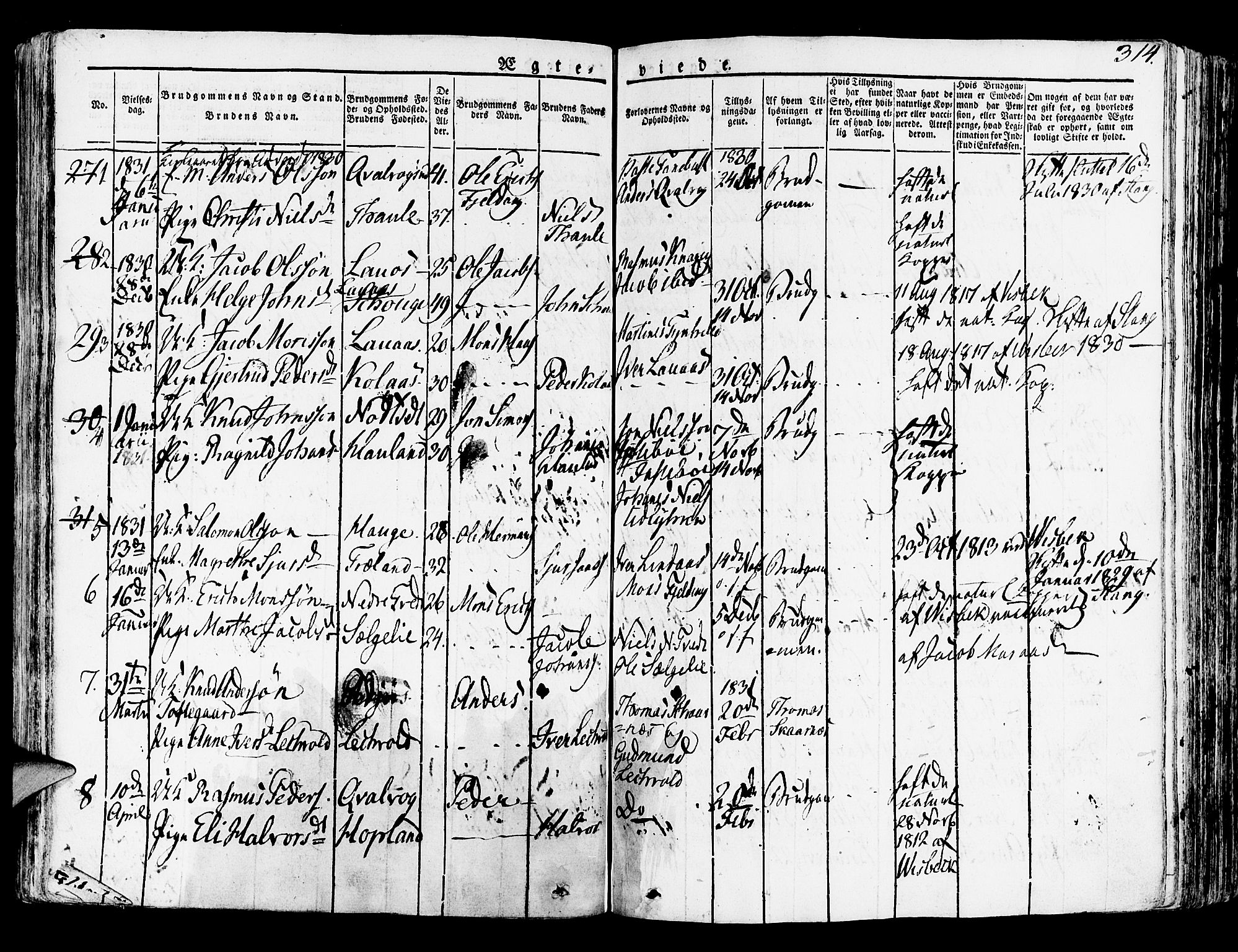 Lindås Sokneprestembete, SAB/A-76701/H/Haa: Parish register (official) no. A 8, 1823-1836, p. 314