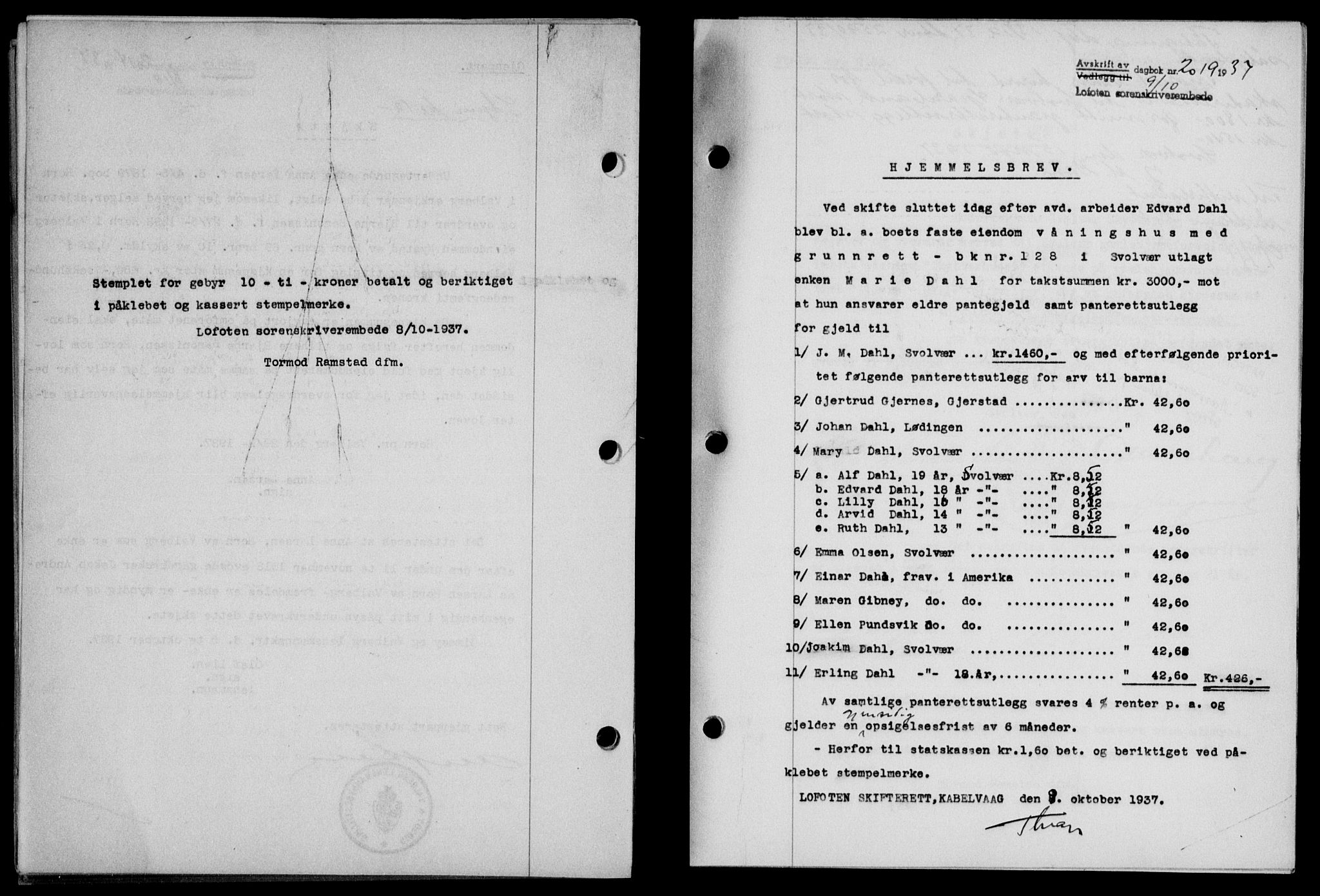 Lofoten sorenskriveri, SAT/A-0017/1/2/2C/L0003a: Mortgage book no. 3a, 1937-1938, Diary no: : 2019/1937