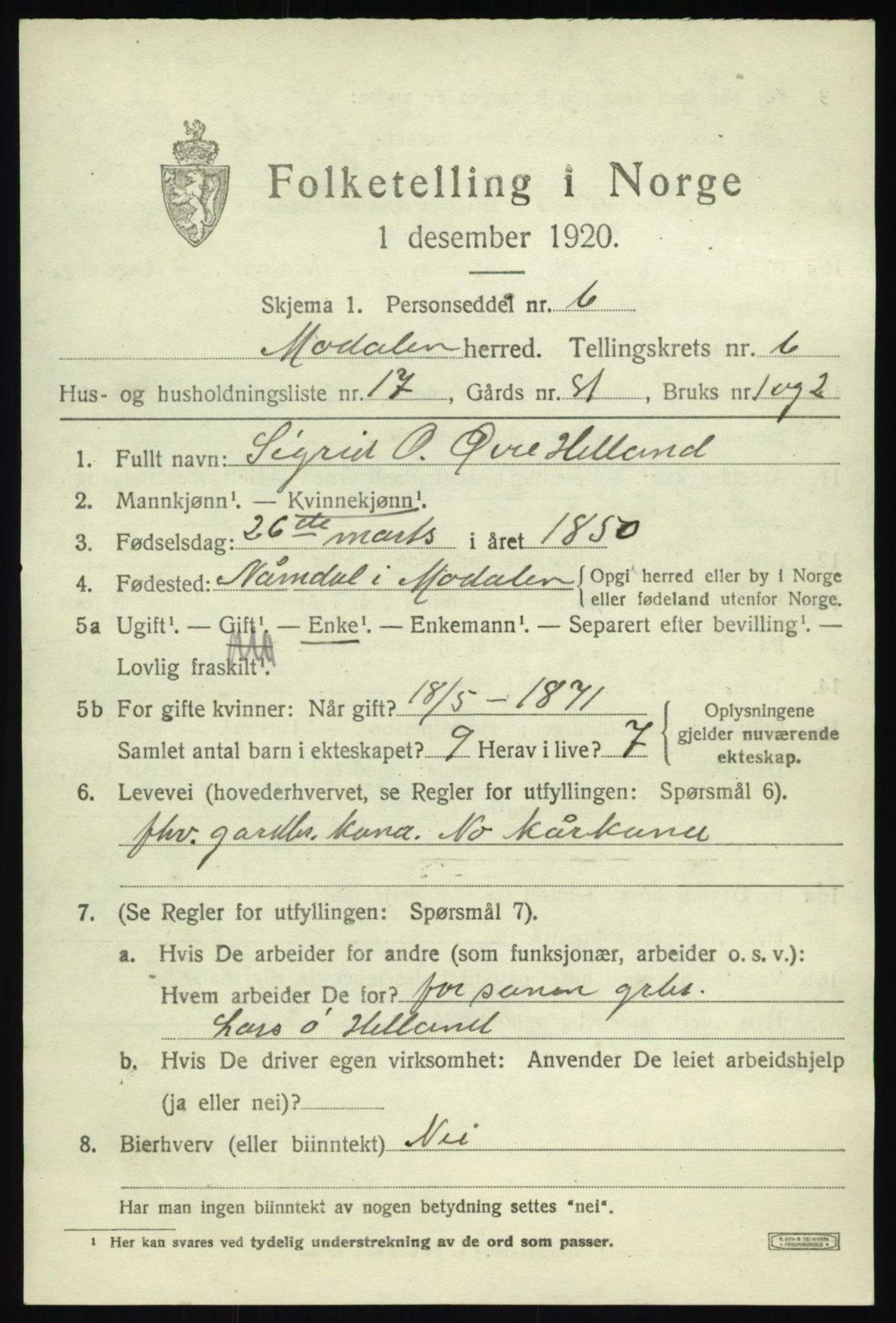 SAB, 1920 census for Modalen, 1920, p. 1378