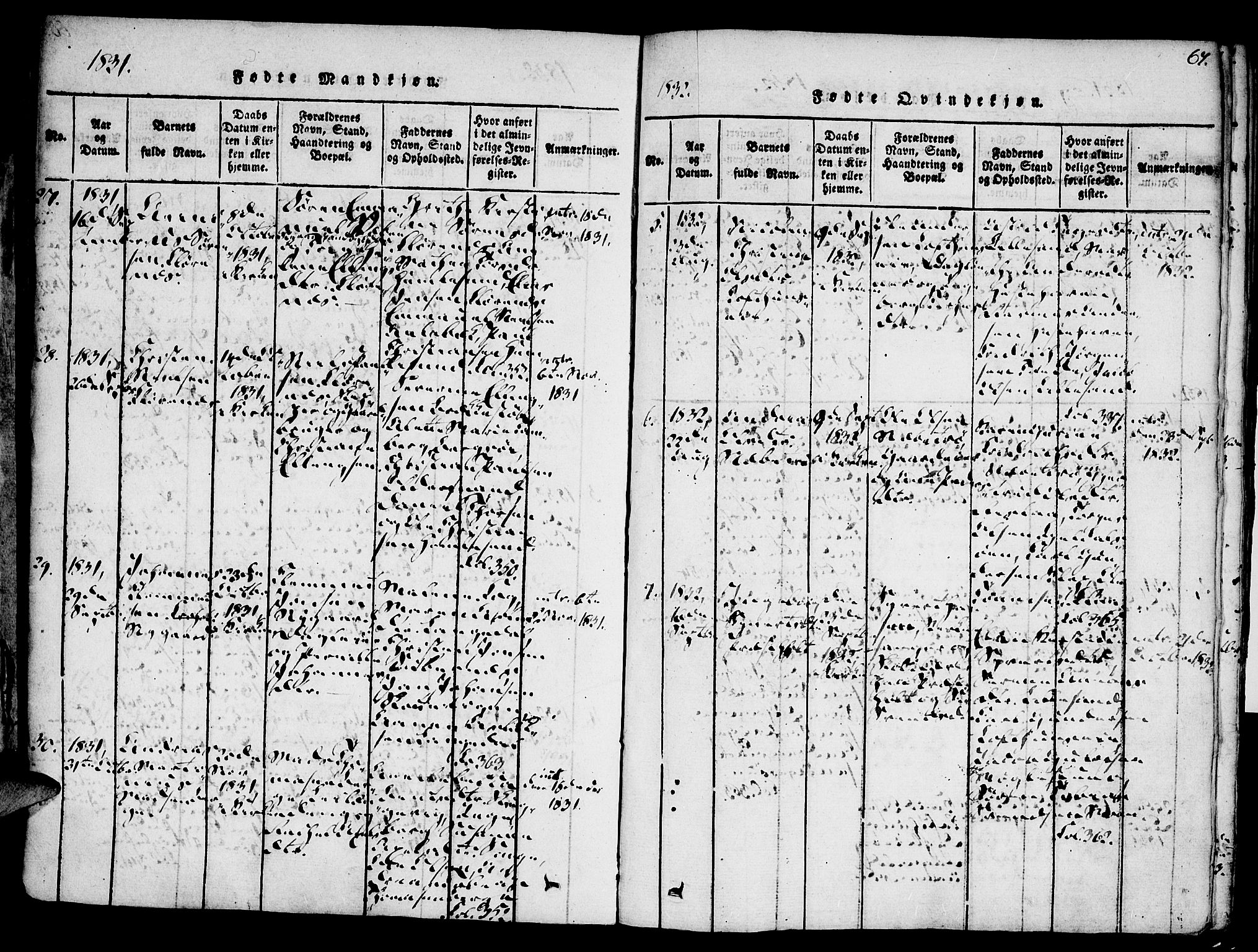 Vestre Moland sokneprestkontor, AV/SAK-1111-0046/F/Fa/Fab/L0003: Parish register (official) no. A 3, 1816-1843, p. 67