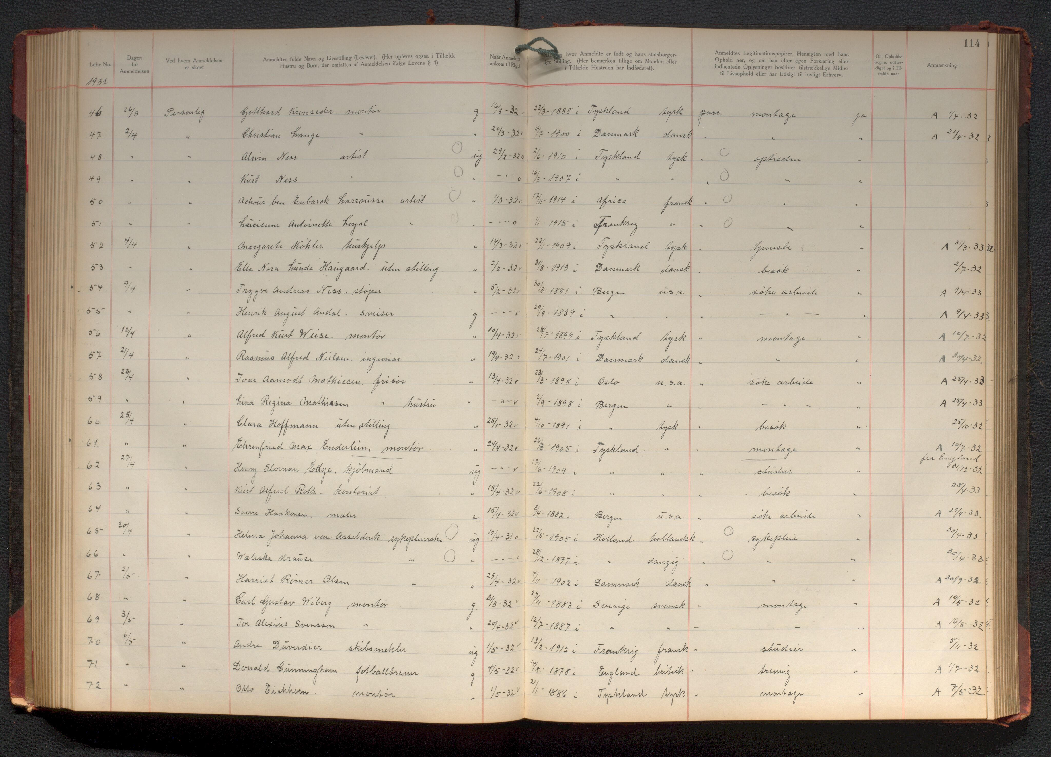 Bergen politikammer / politidistrikt, AV/SAB-A-60401/J.d/L0004: Fremmedprotokoll, 1925-1936, p. 114