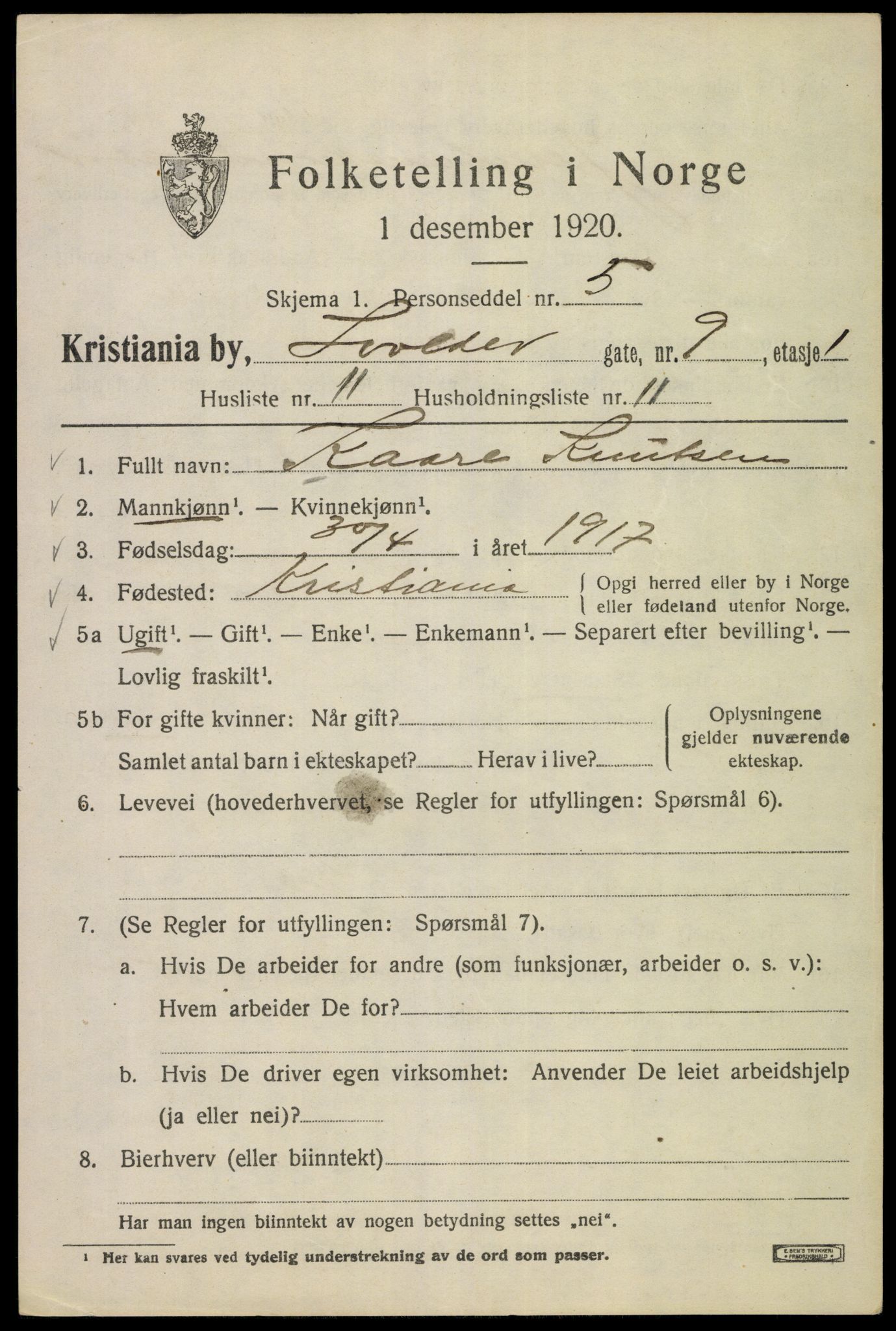 SAO, 1920 census for Kristiania, 1920, p. 560845