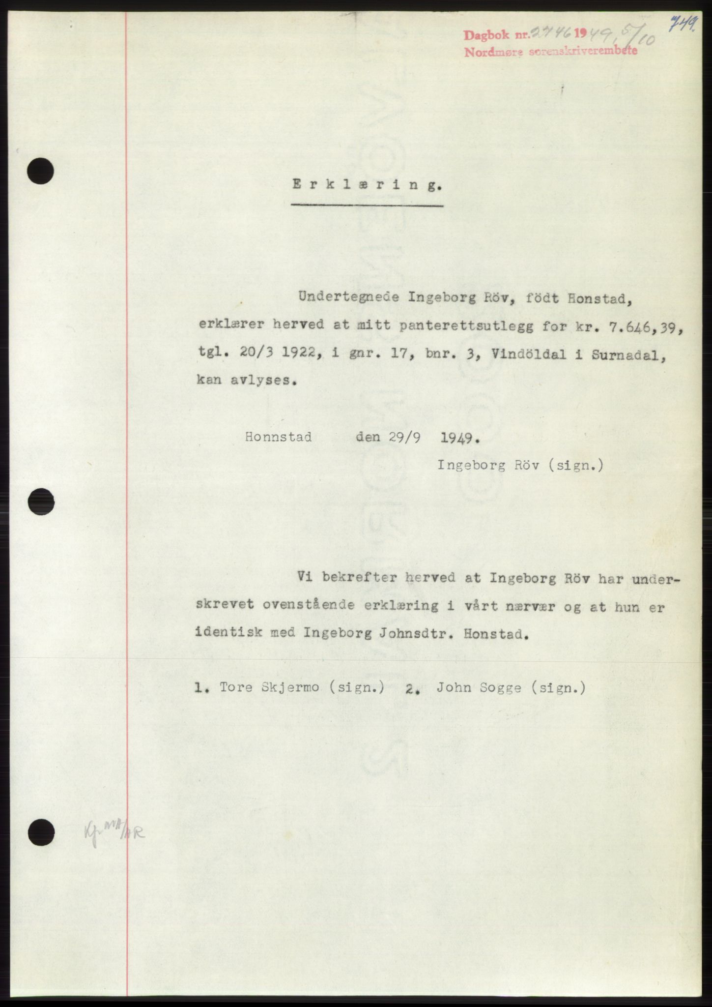 Nordmøre sorenskriveri, AV/SAT-A-4132/1/2/2Ca: Mortgage book no. B102, 1949-1949, Diary no: : 2746/1949