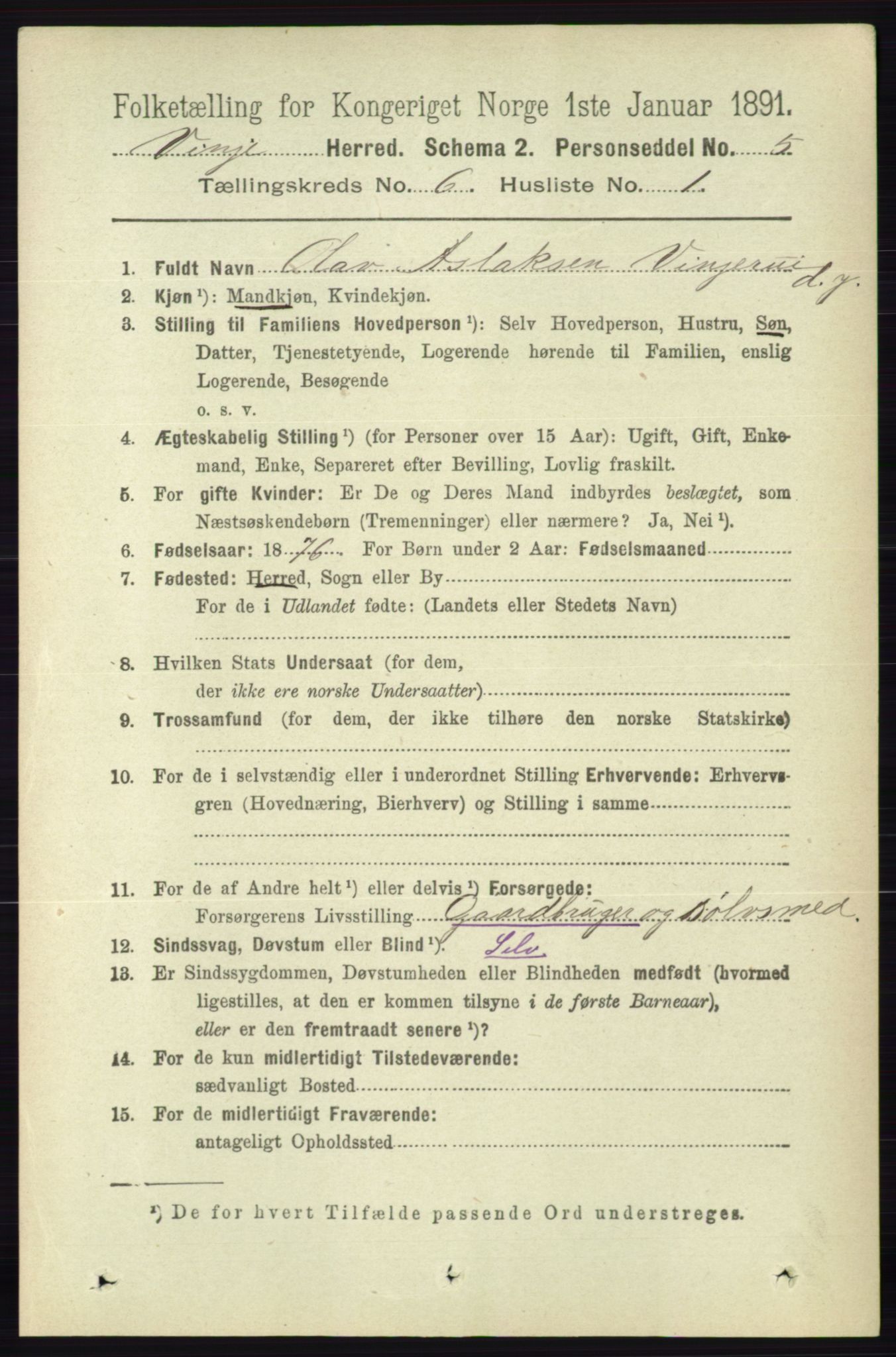 RA, 1891 census for 0834 Vinje, 1891, p. 1415