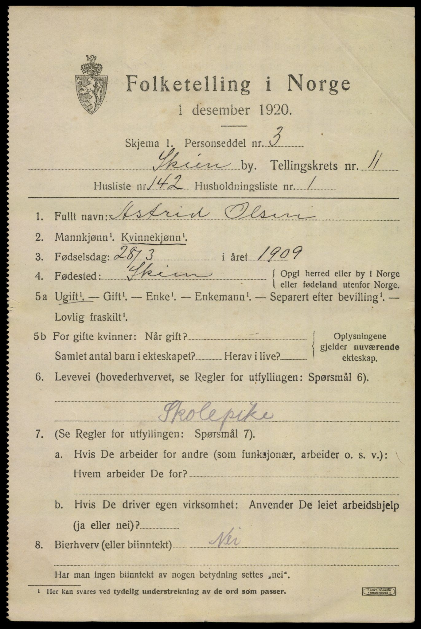 SAKO, 1920 census for Skien, 1920, p. 37298