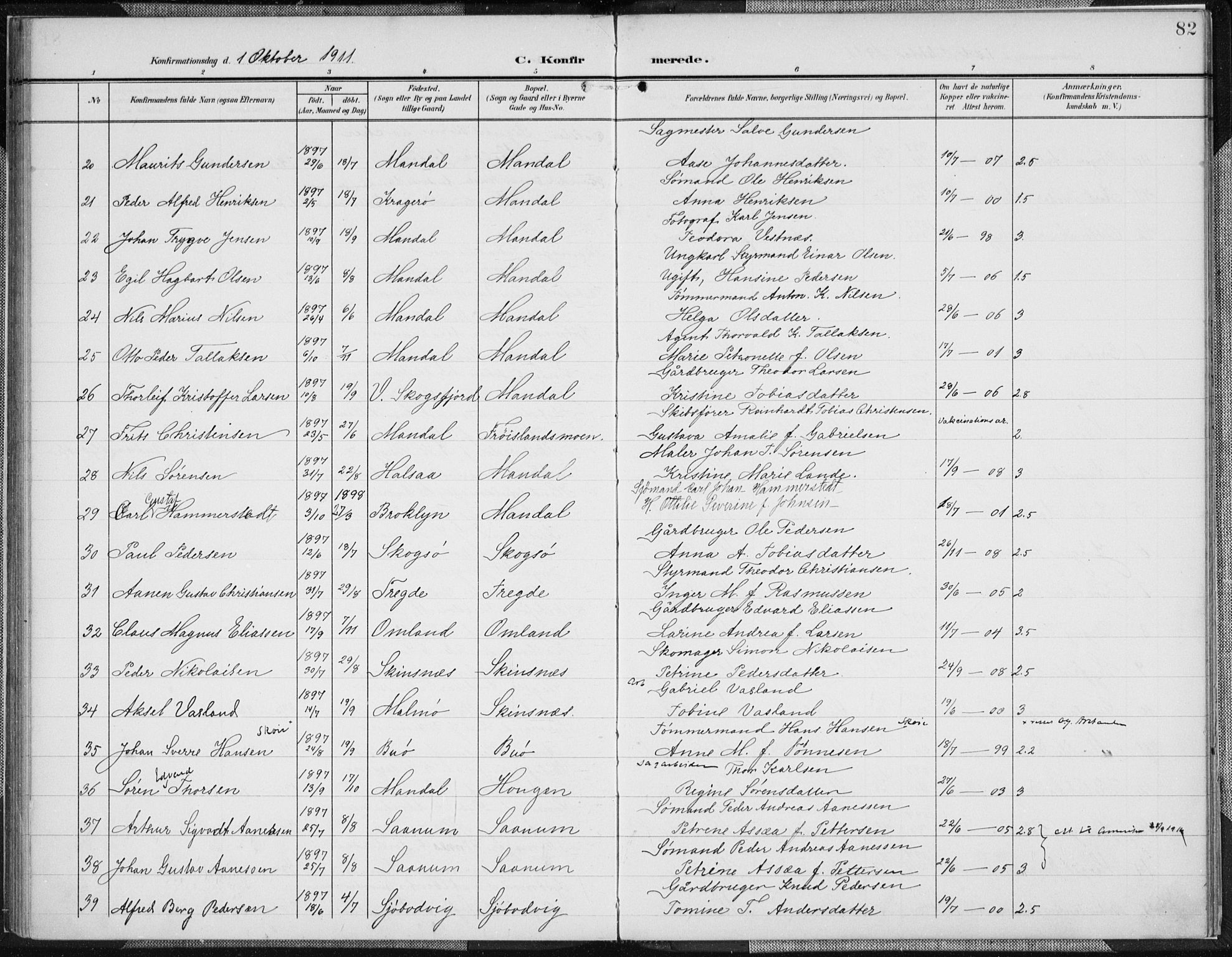 Mandal sokneprestkontor, AV/SAK-1111-0030/F/Fa/Faa/L0019: Parish register (official) no. A 19, 1902-1912, p. 82