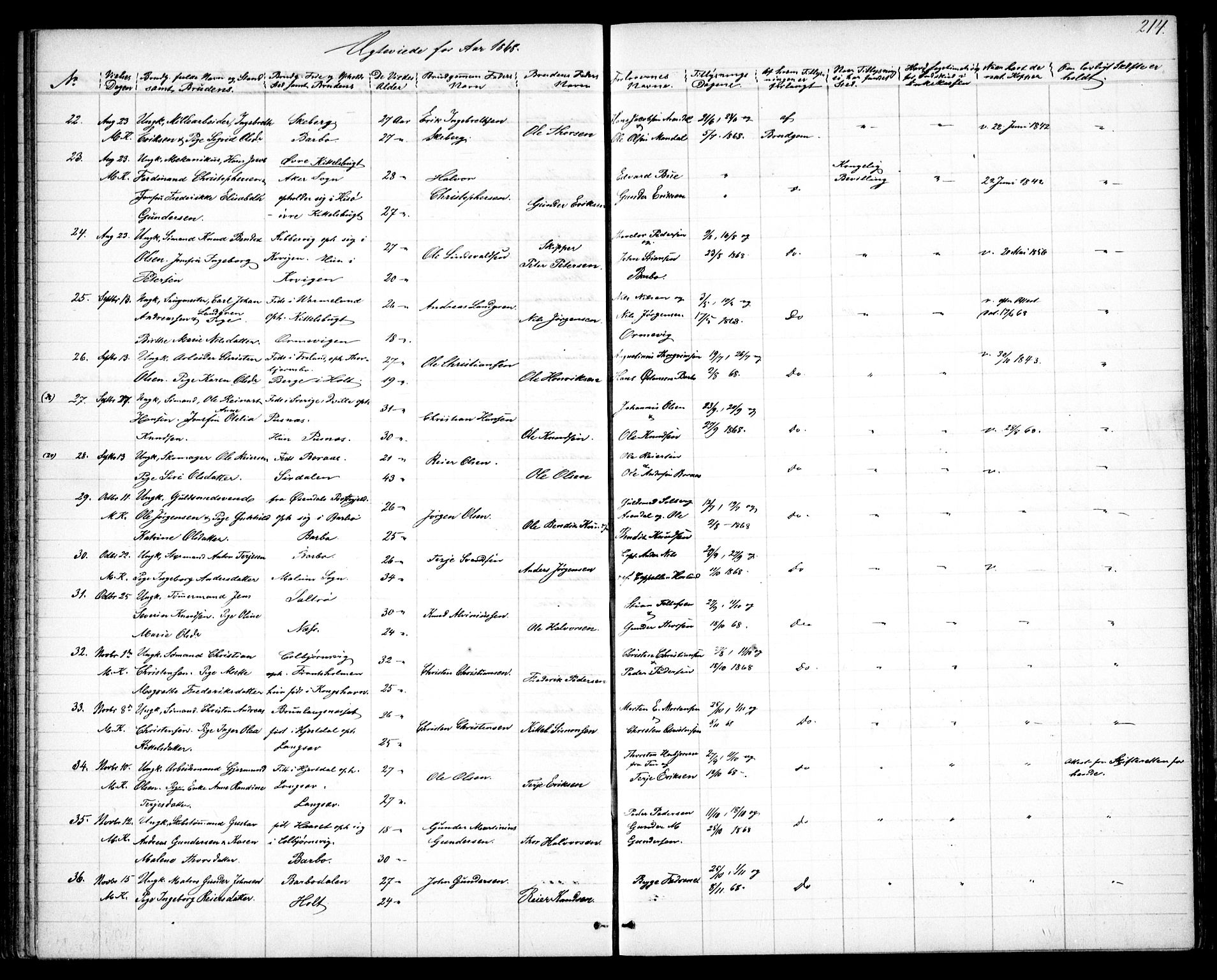 Tromøy sokneprestkontor, AV/SAK-1111-0041/F/Fb/L0003: Parish register (copy) no. B 3, 1859-1868, p. 214