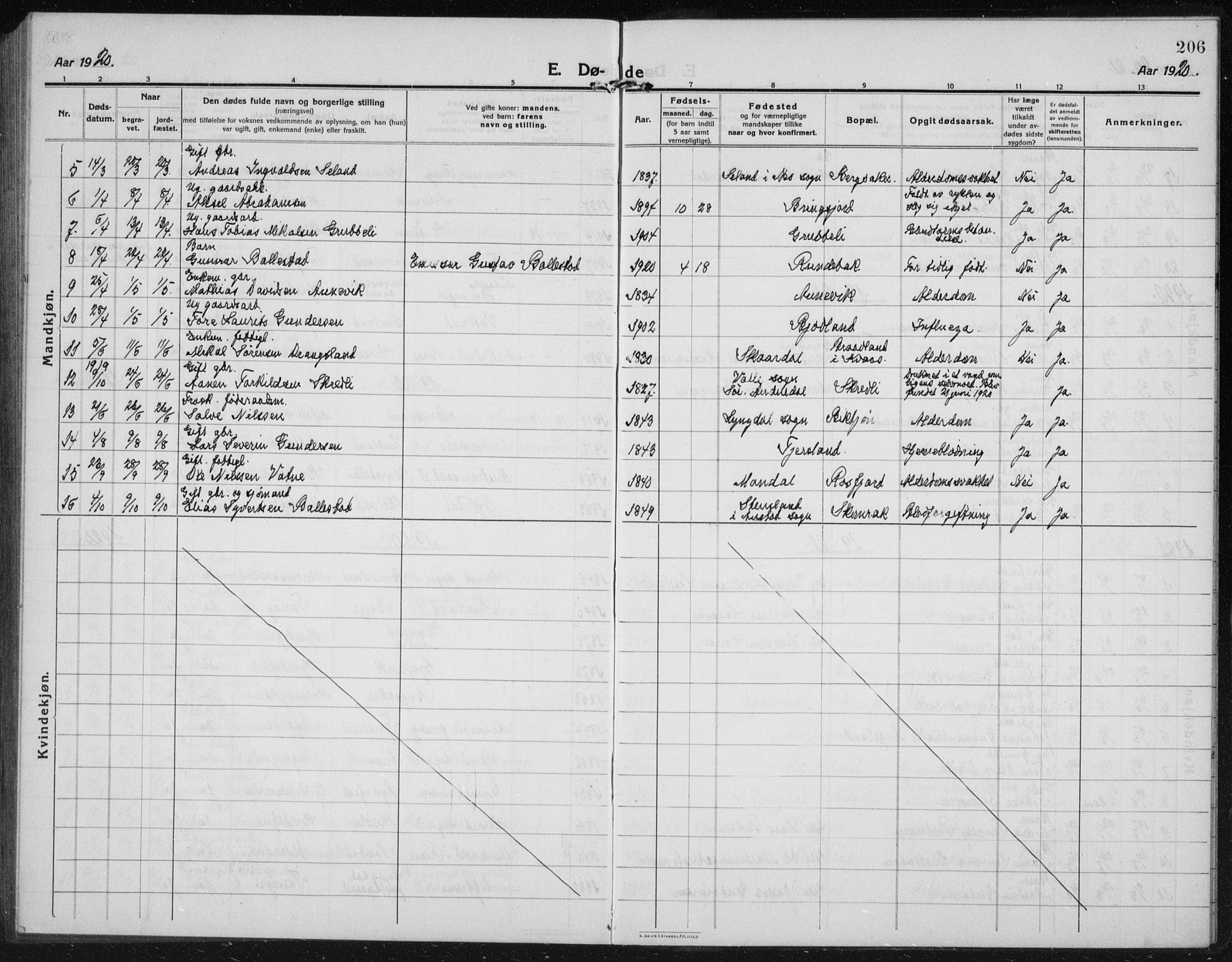 Lyngdal sokneprestkontor, AV/SAK-1111-0029/F/Fb/Fbc/L0006: Parish register (copy) no. B 6, 1914-1934, p. 206