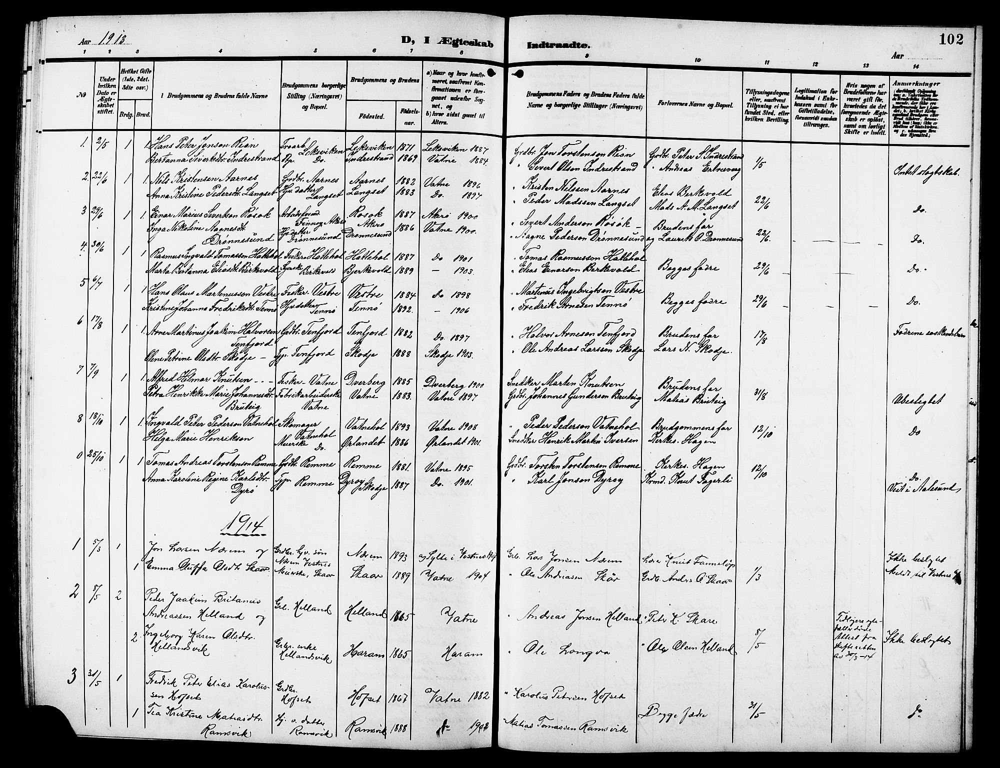 Ministerialprotokoller, klokkerbøker og fødselsregistre - Møre og Romsdal, AV/SAT-A-1454/525/L0377: Parish register (copy) no. 525C03, 1903-1917, p. 102