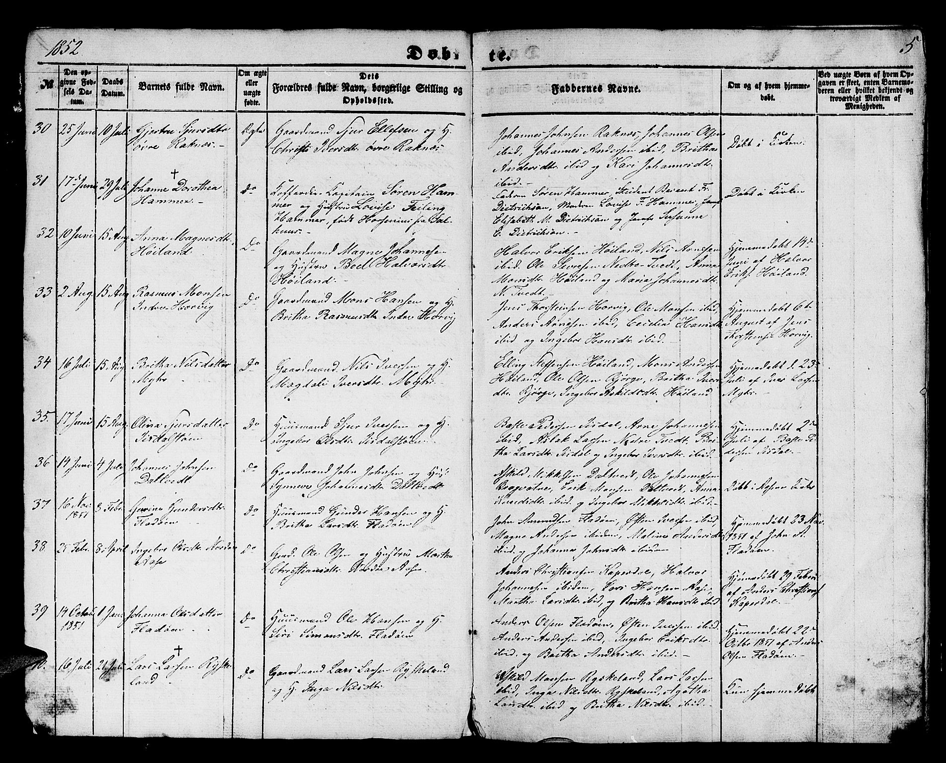 Hamre sokneprestembete, SAB/A-75501/H/Ha/Hab: Parish register (copy) no. B 1, 1852-1863, p. 5