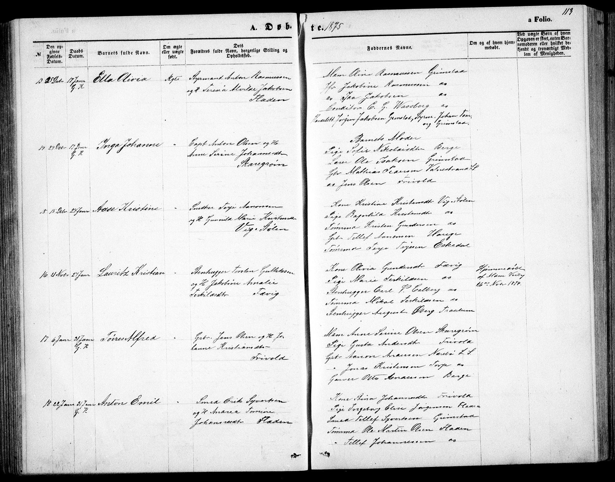 Fjære sokneprestkontor, AV/SAK-1111-0011/F/Fb/L0010: Parish register (copy) no. B 10, 1871-1880, p. 113