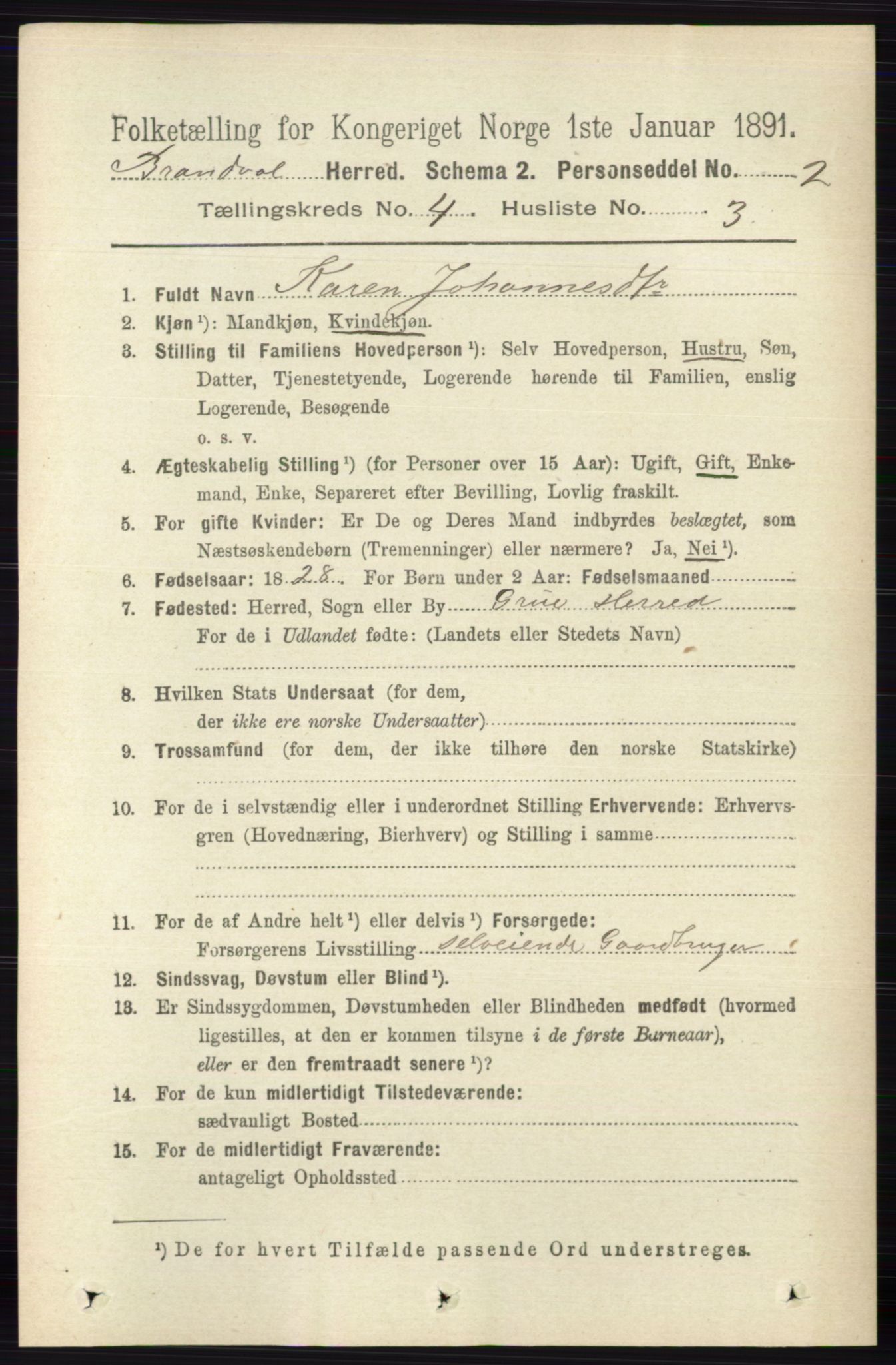 RA, 1891 census for 0422 Brandval, 1891, p. 1721