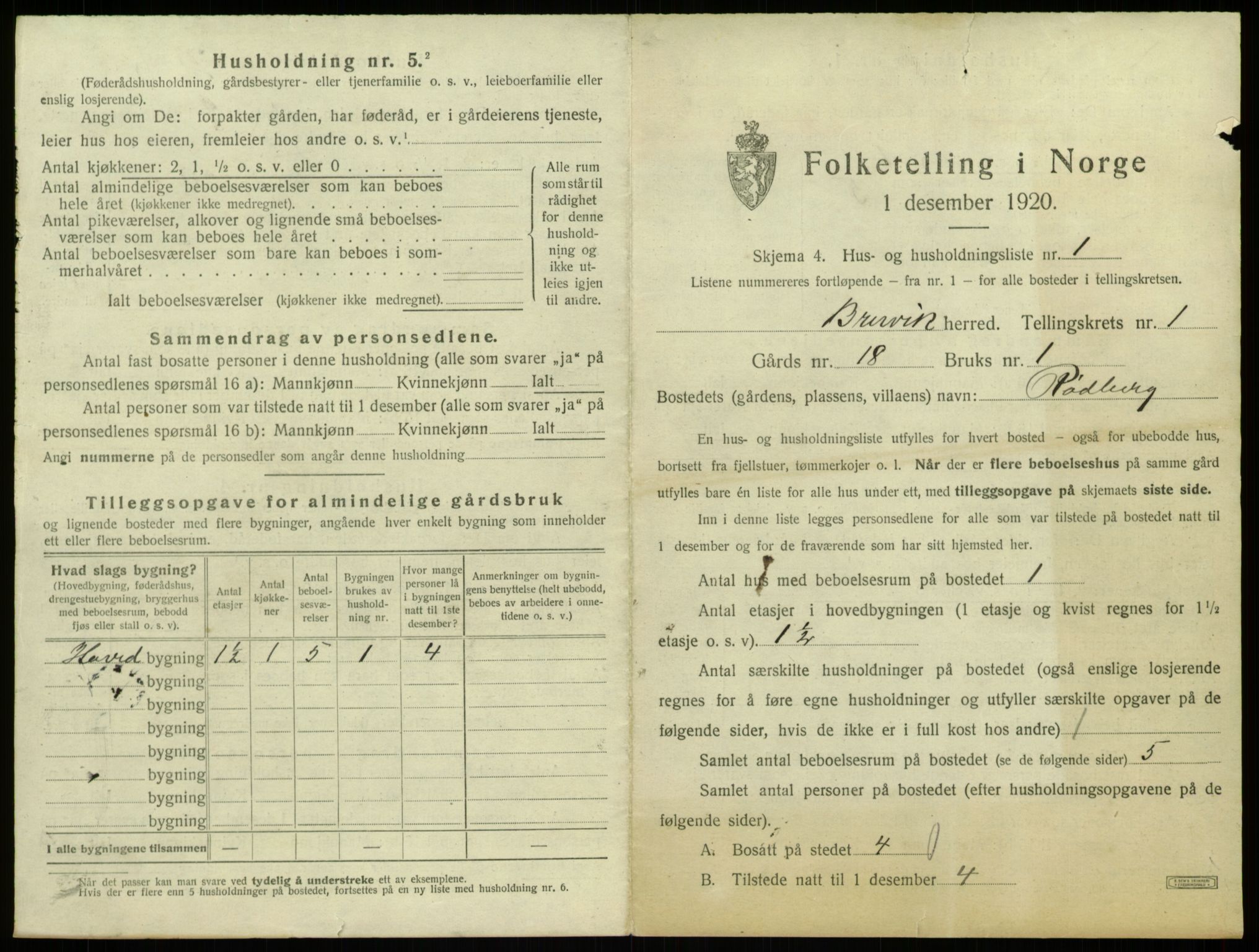 SAB, 1920 census for Bruvik, 1920, p. 55