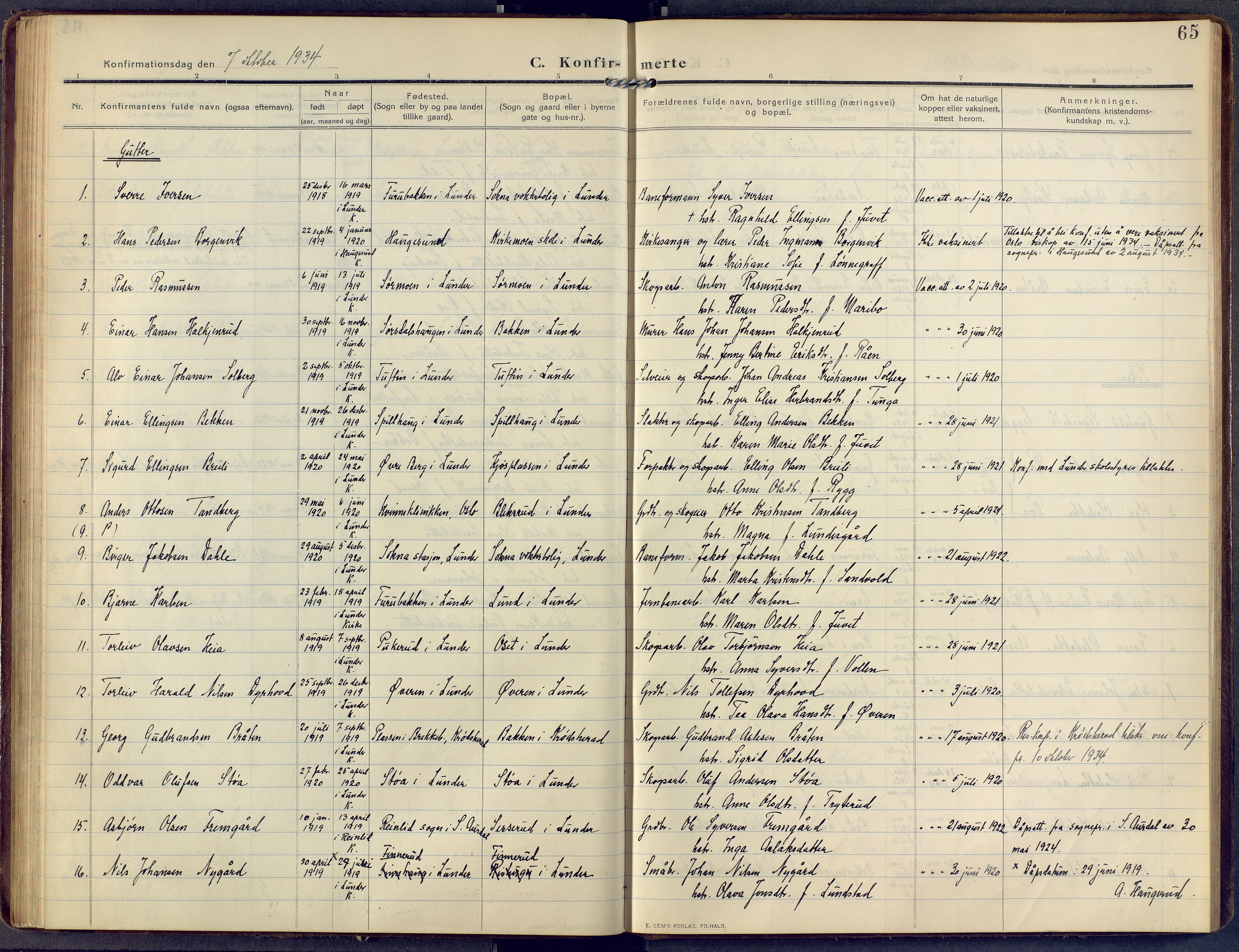 Lunder kirkebøker, AV/SAKO-A-629/F/Fa/L0002: Parish register (official) no. I 2, 1906-1947, p. 65