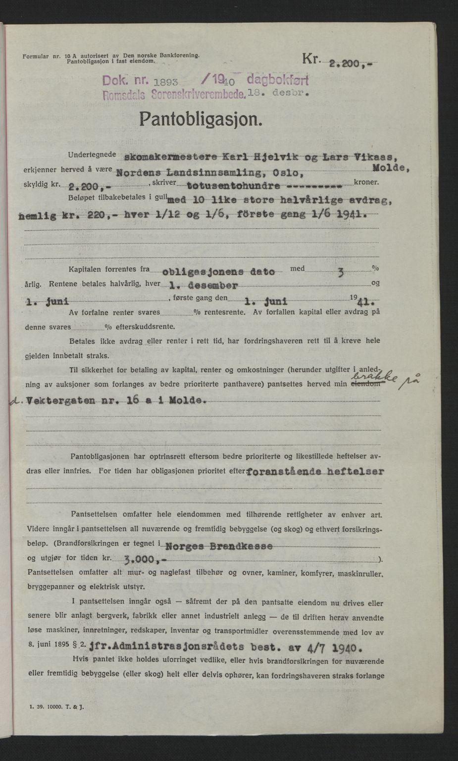 Romsdal sorenskriveri, AV/SAT-A-4149/1/2/2C: Mortgage book no. B2, 1939-1945, Diary no: : 1893/1940