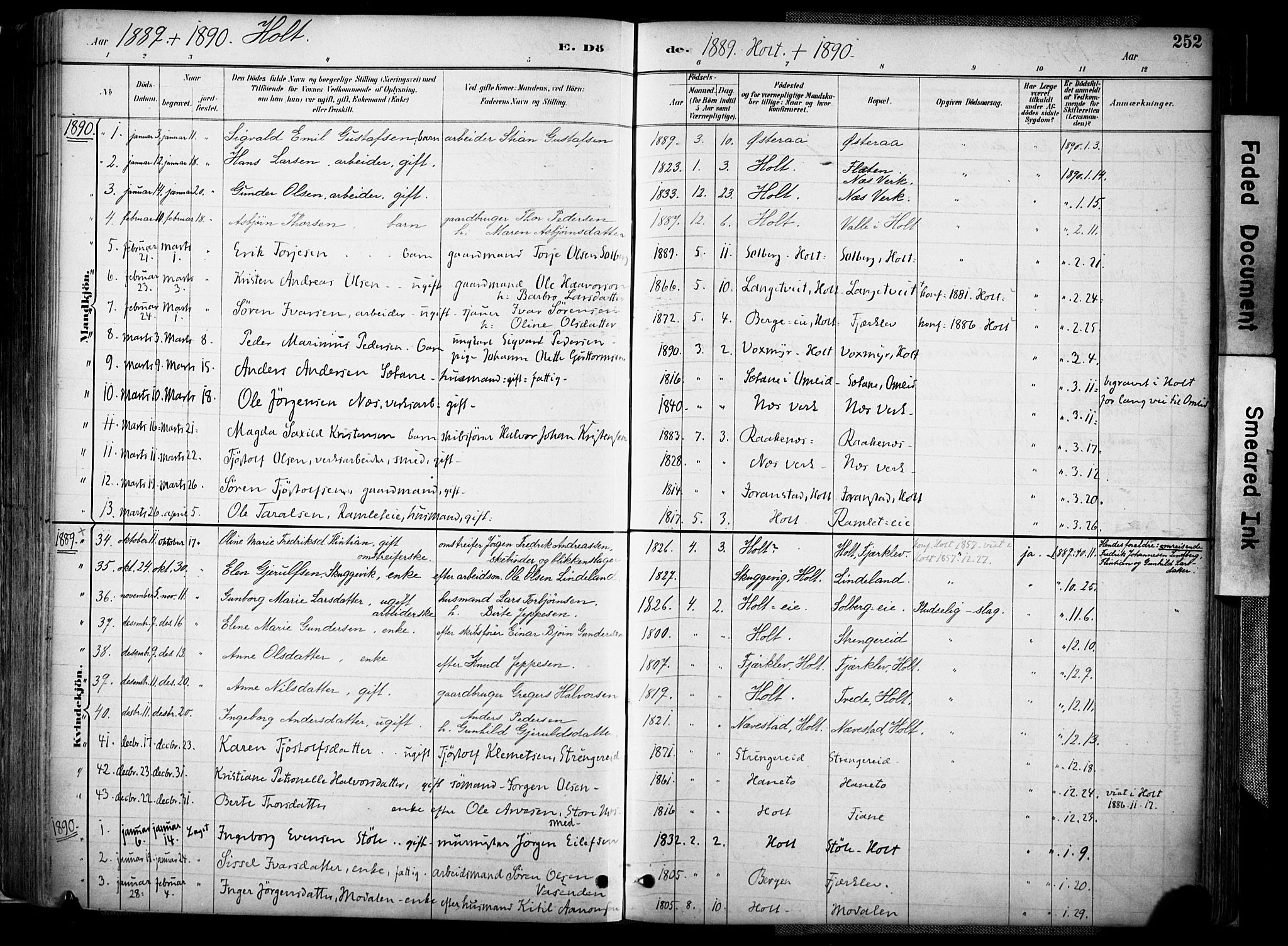 Holt sokneprestkontor, AV/SAK-1111-0021/F/Fa/L0012: Parish register (official) no. A 12, 1885-1907, p. 252