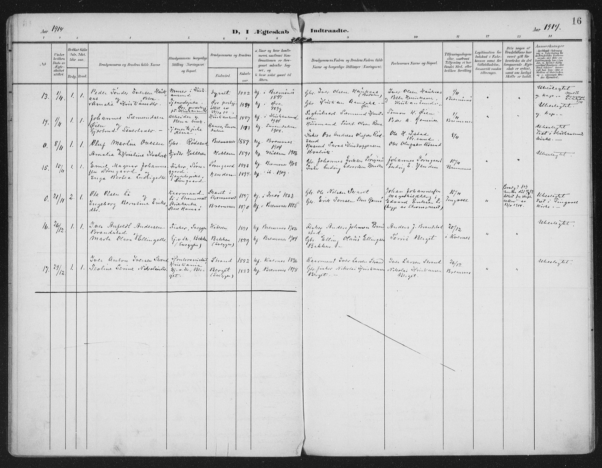 Ministerialprotokoller, klokkerbøker og fødselsregistre - Møre og Romsdal, AV/SAT-A-1454/569/L0822: Parish register (official) no. 569A08, 1908-1919, p. 16