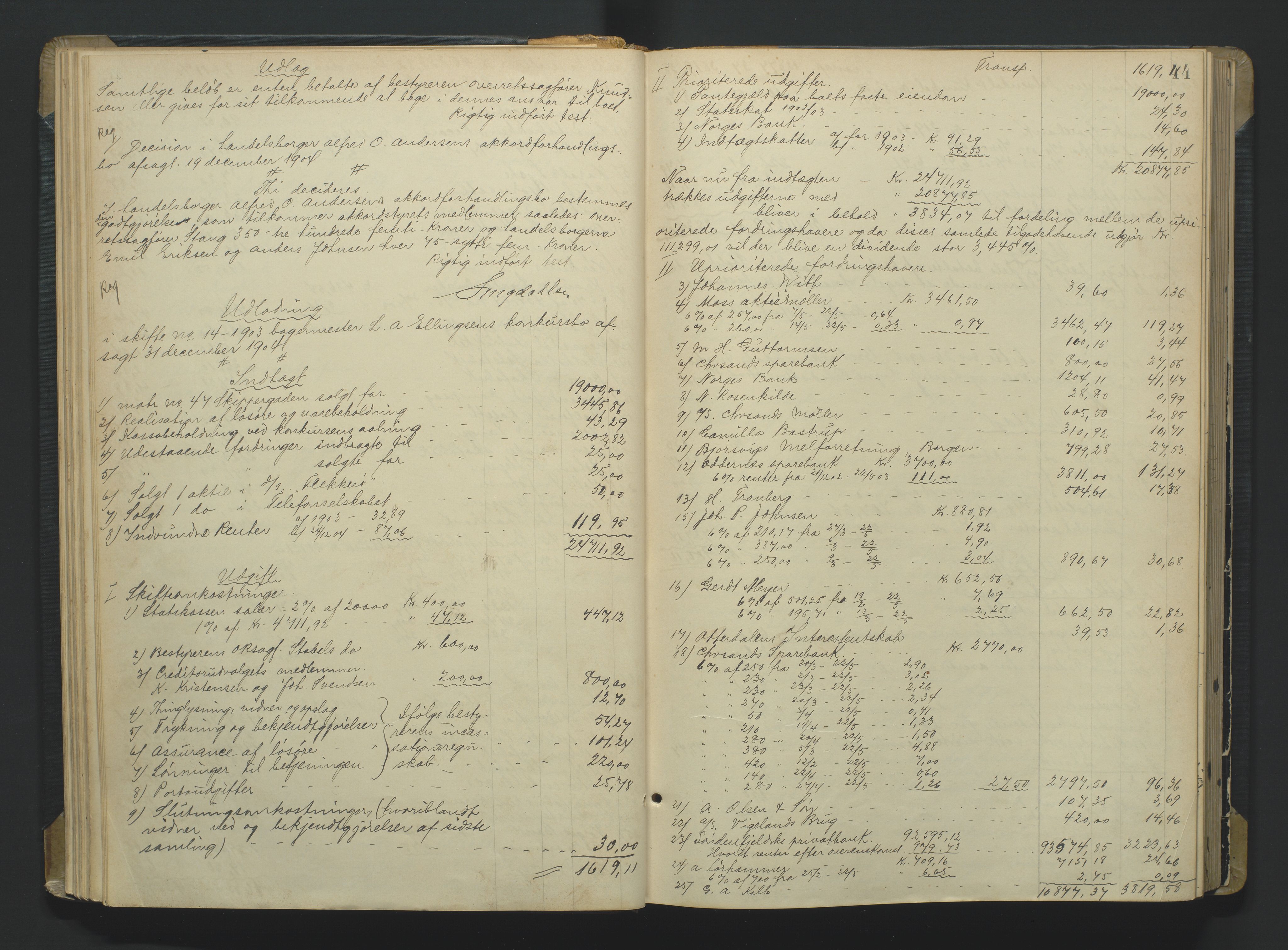Kristiansand byrett, AV/SAK-1223-0001/H/Hc/L0060: Skifteutlodningsprotokoll nr. 6, med register, 1903-1916, p. 44