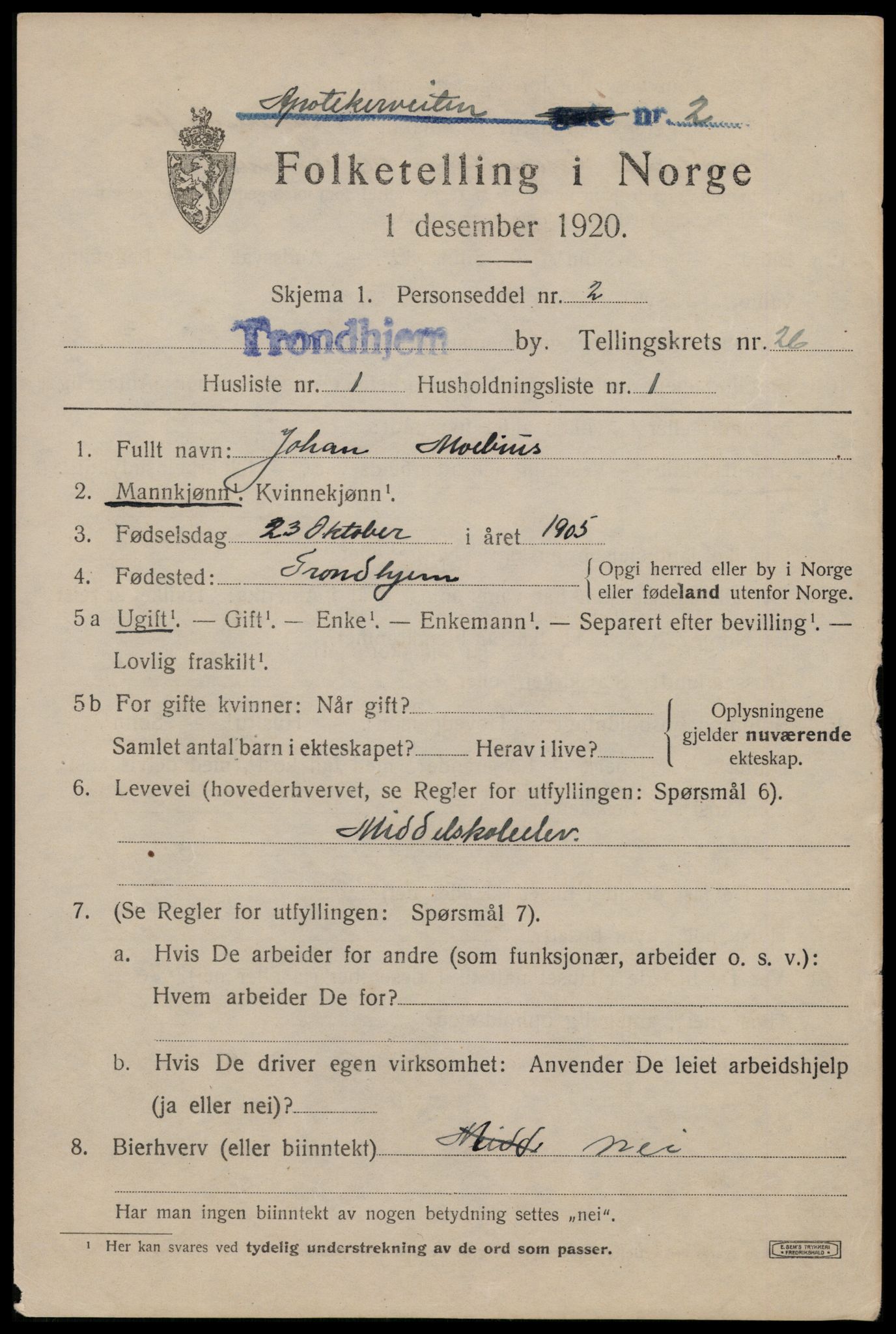 SAT, 1920 census for Trondheim, 1920, p. 68336