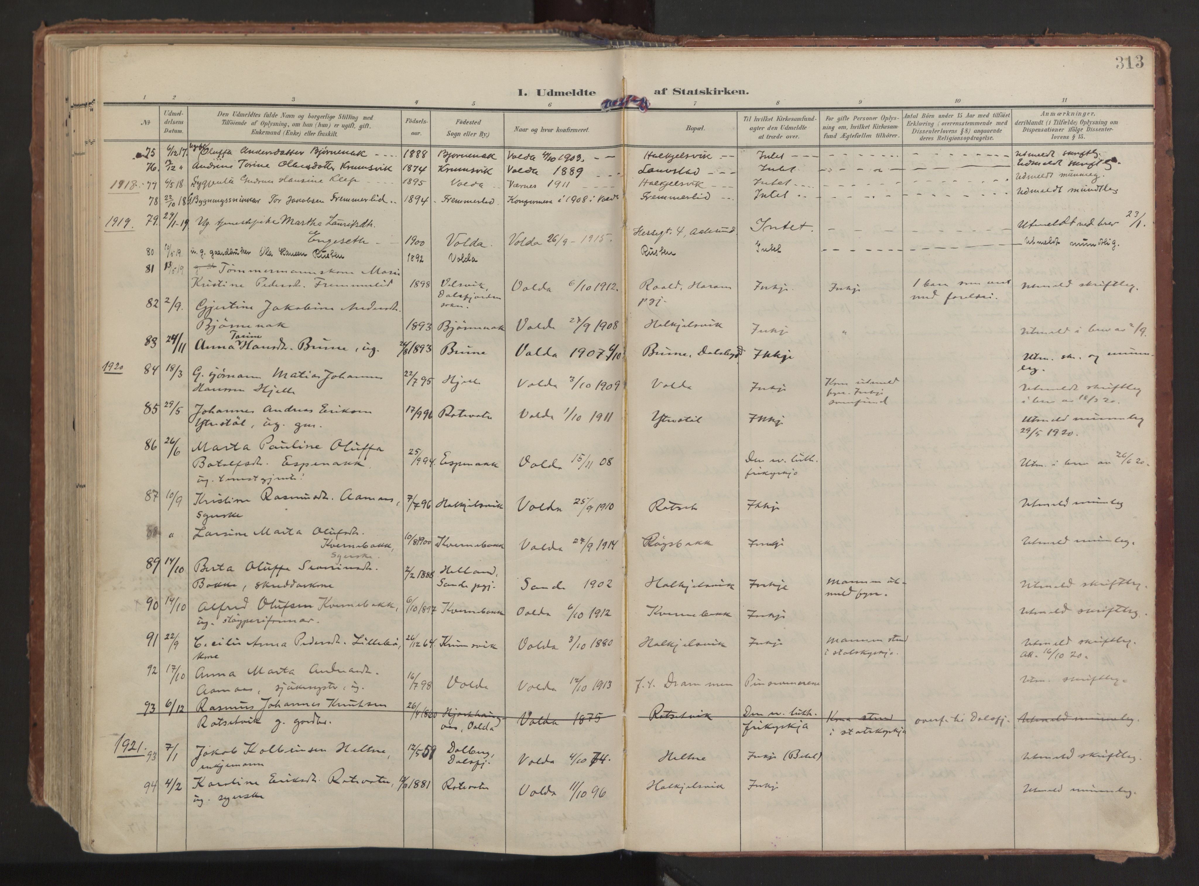 Ministerialprotokoller, klokkerbøker og fødselsregistre - Møre og Romsdal, AV/SAT-A-1454/511/L0144: Parish register (official) no. 511A11, 1906-1923, p. 313