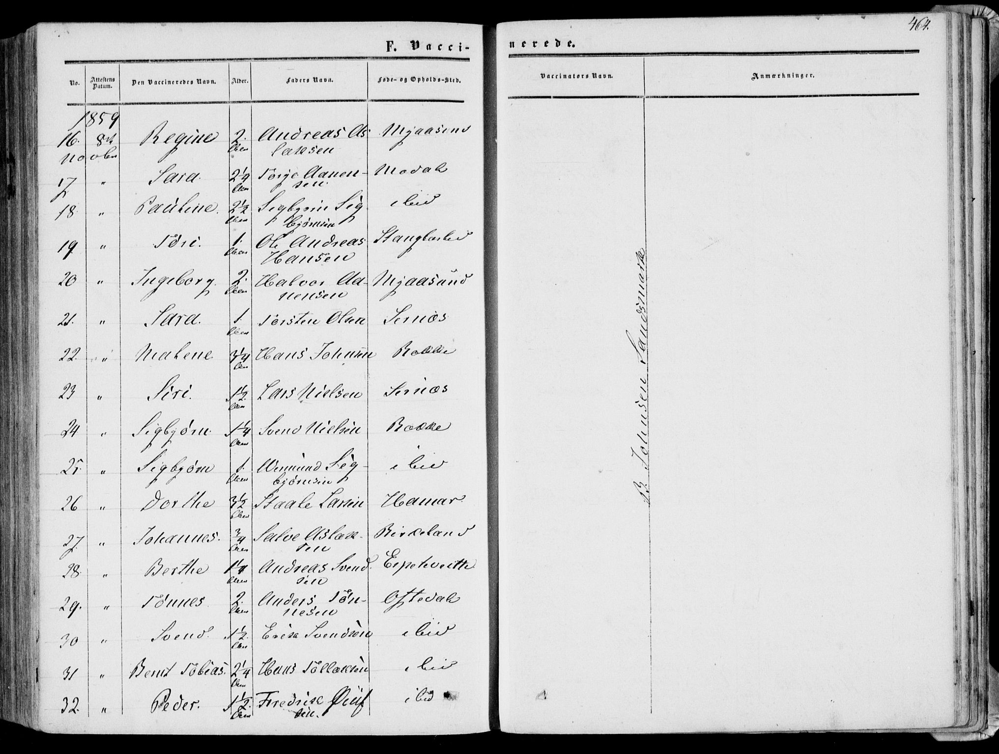 Bakke sokneprestkontor, AV/SAK-1111-0002/F/Fa/Faa/L0006: Parish register (official) no. A 6, 1855-1877, p. 464