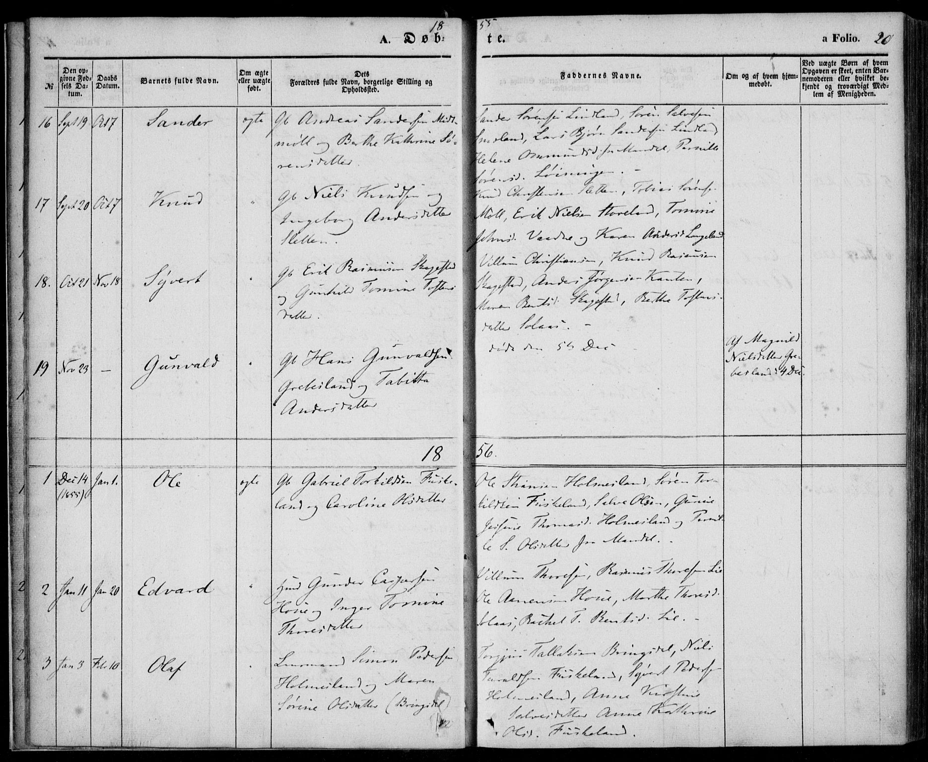 Holum sokneprestkontor, AV/SAK-1111-0022/F/Fa/Faa/L0005: Parish register (official) no. A 5, 1850-1864, p. 20