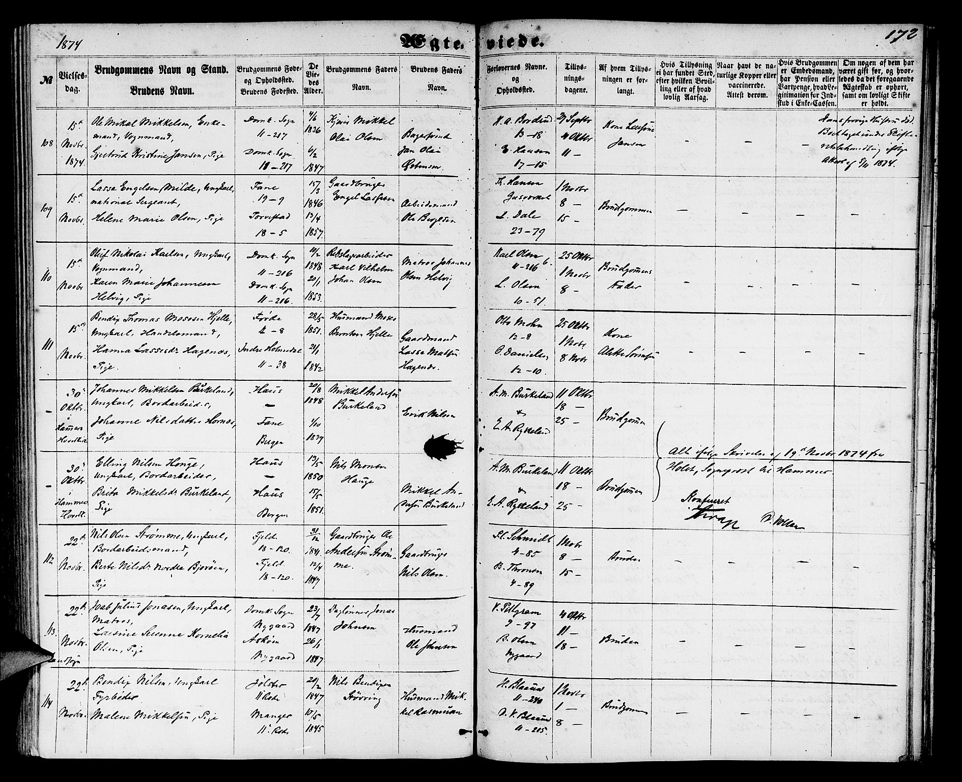 Domkirken sokneprestembete, AV/SAB-A-74801/H/Hab/L0030: Parish register (copy) no. D 2, 1857-1876, p. 172