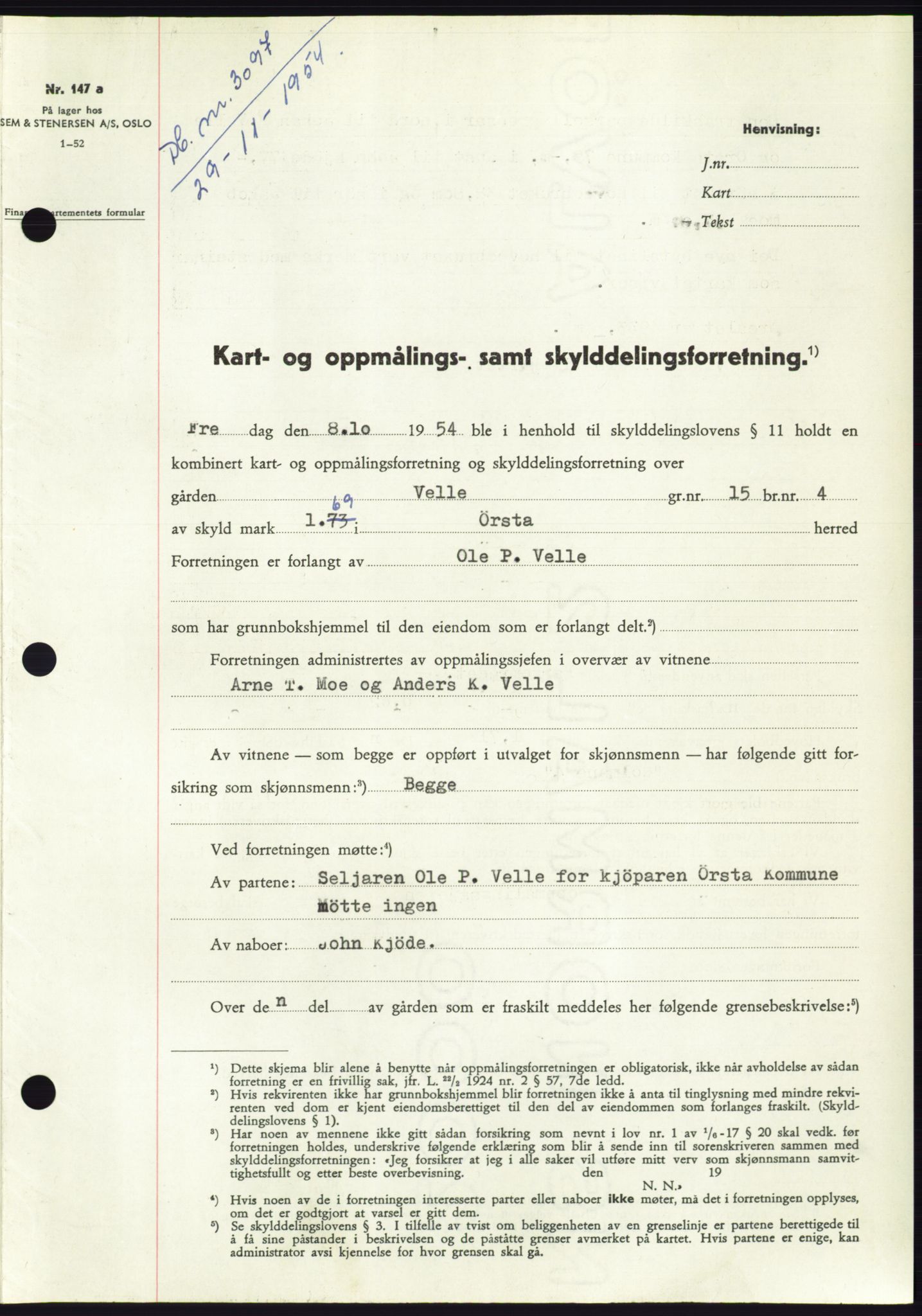 Søre Sunnmøre sorenskriveri, AV/SAT-A-4122/1/2/2C/L0099: Mortgage book no. 25A, 1954-1954, Diary no: : 3097/1954