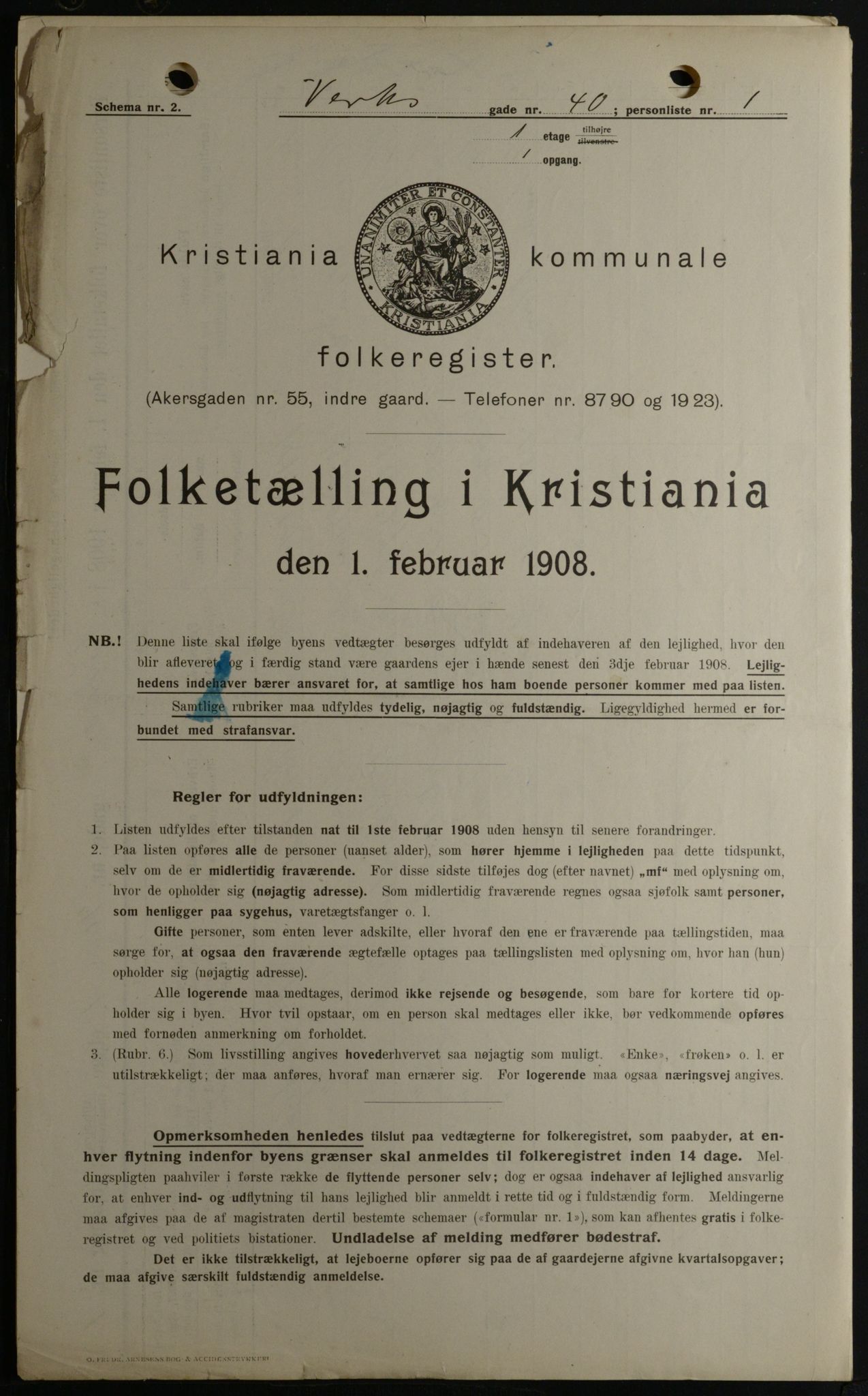 OBA, Municipal Census 1908 for Kristiania, 1908, p. 109798