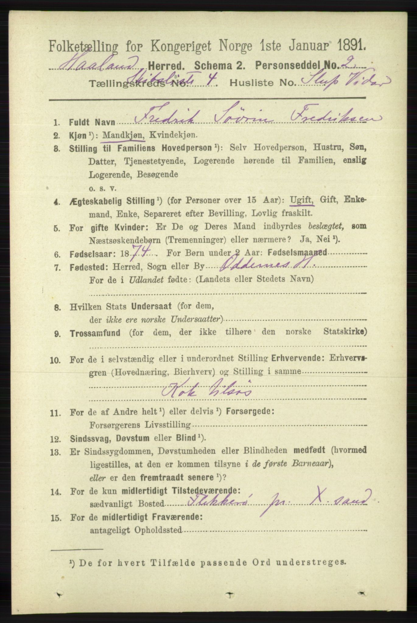 RA, 1891 census for 1124 Haaland, 1891, p. 4092