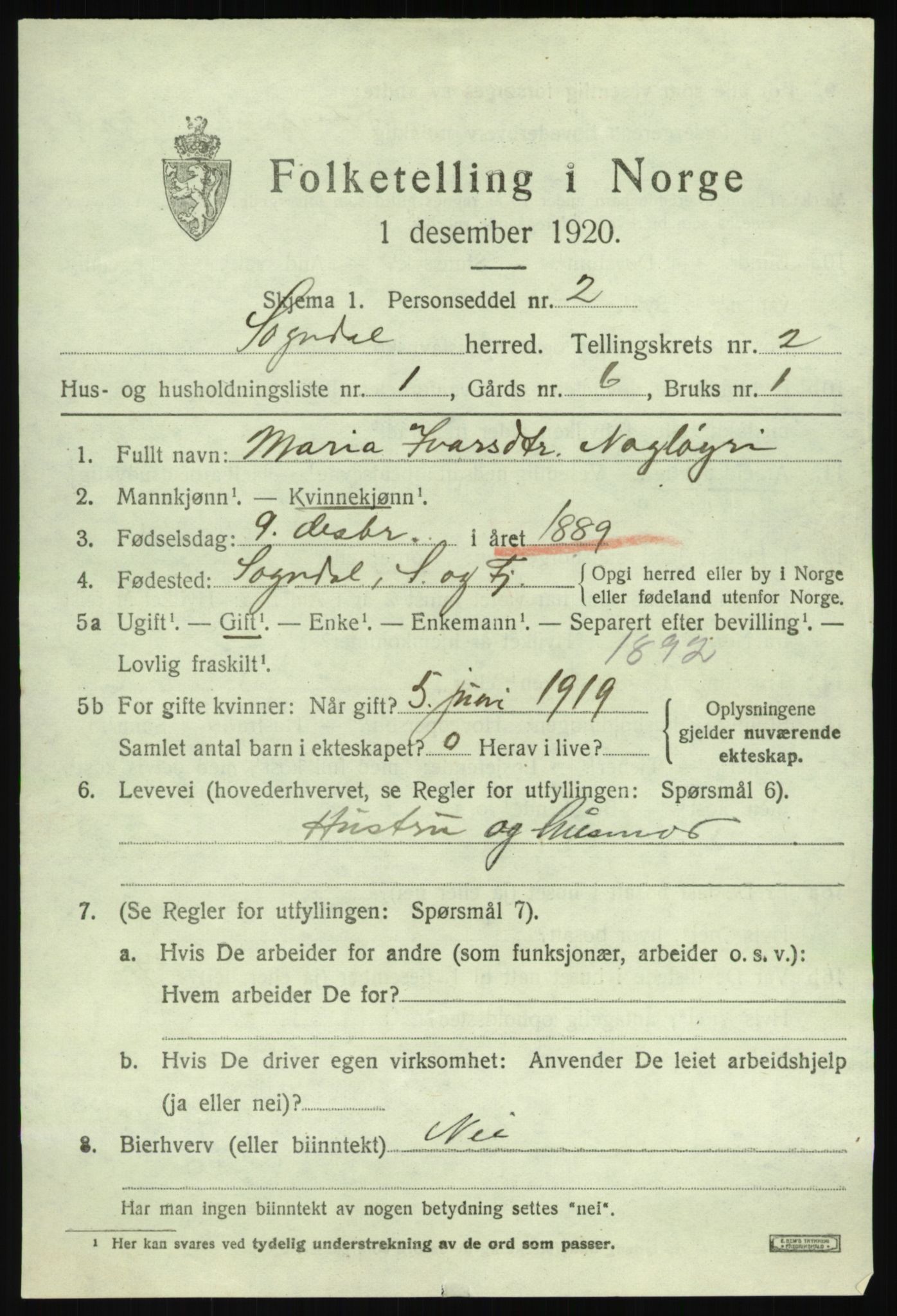 SAB, 1920 census for Sogndal, 1920, p. 1653