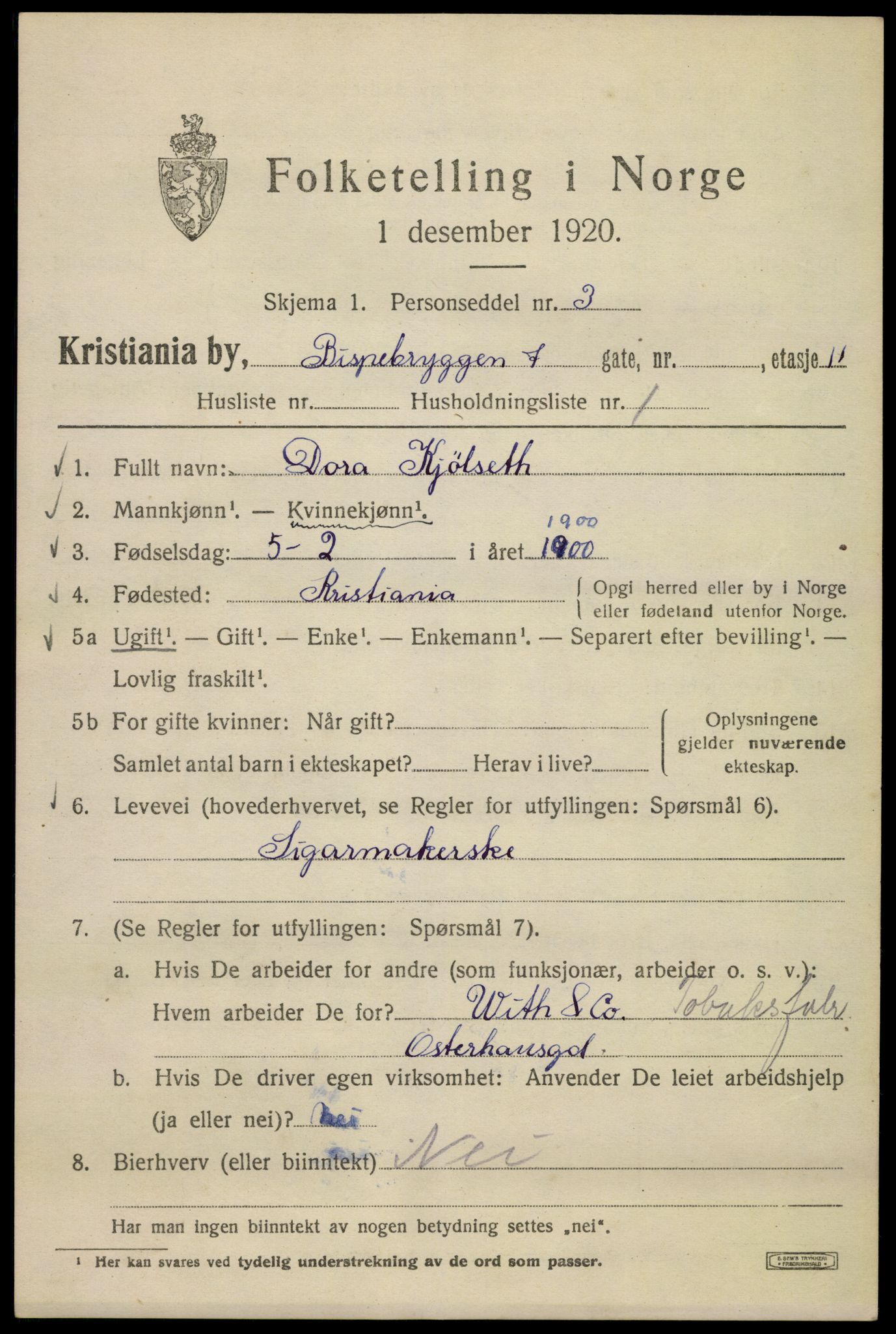 SAO, 1920 census for Kristiania, 1920, p. 157001