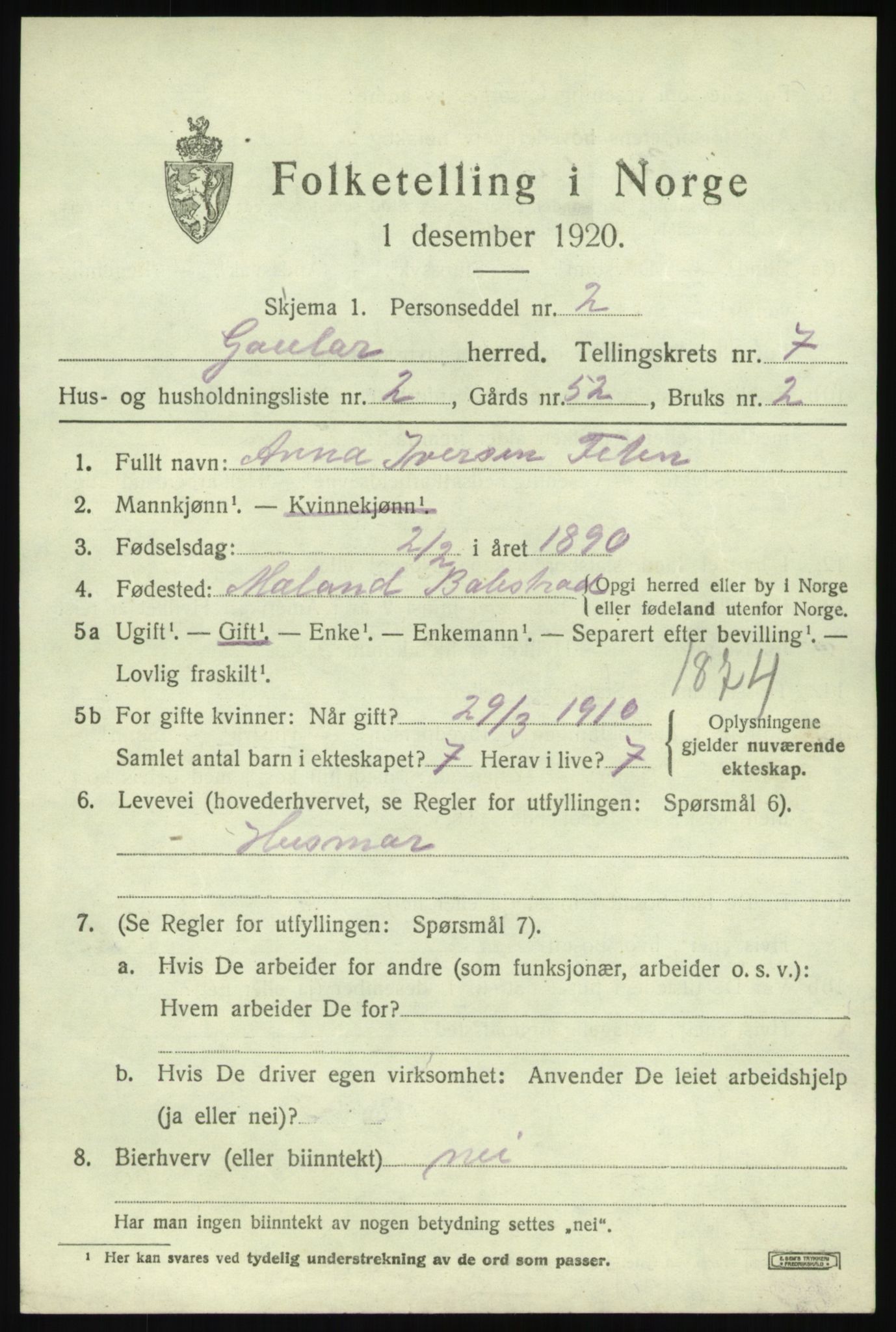 SAB, 1920 census for Gaular, 1920, p. 3454