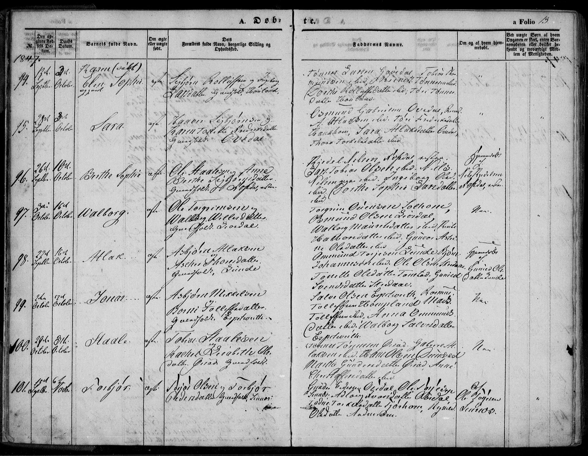 Bakke sokneprestkontor, SAK/1111-0002/F/Fa/Faa/L0005: Parish register (official) no. A 5, 1847-1855, p. 13