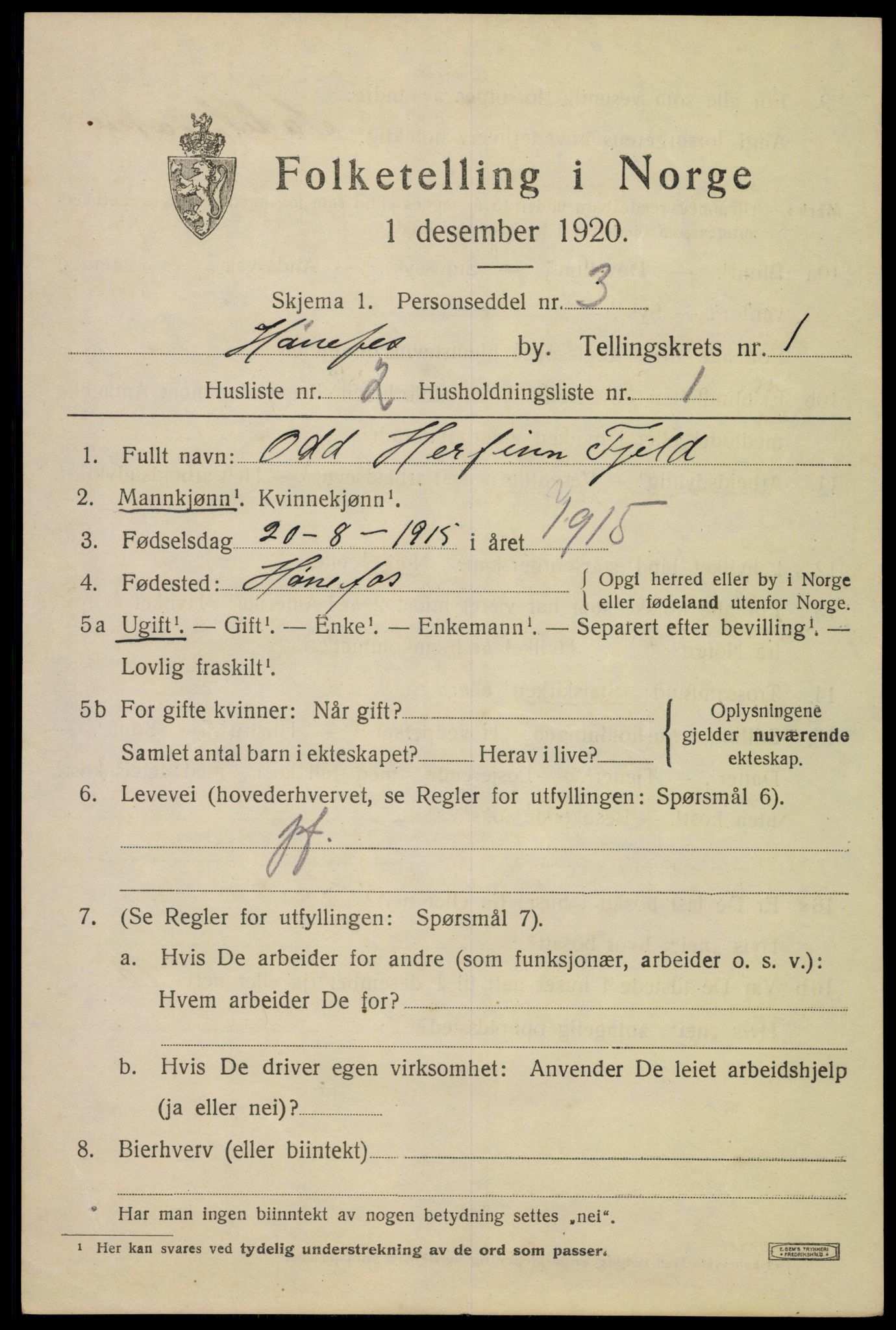 SAKO, 1920 census for Hønefoss, 1920, p. 2352