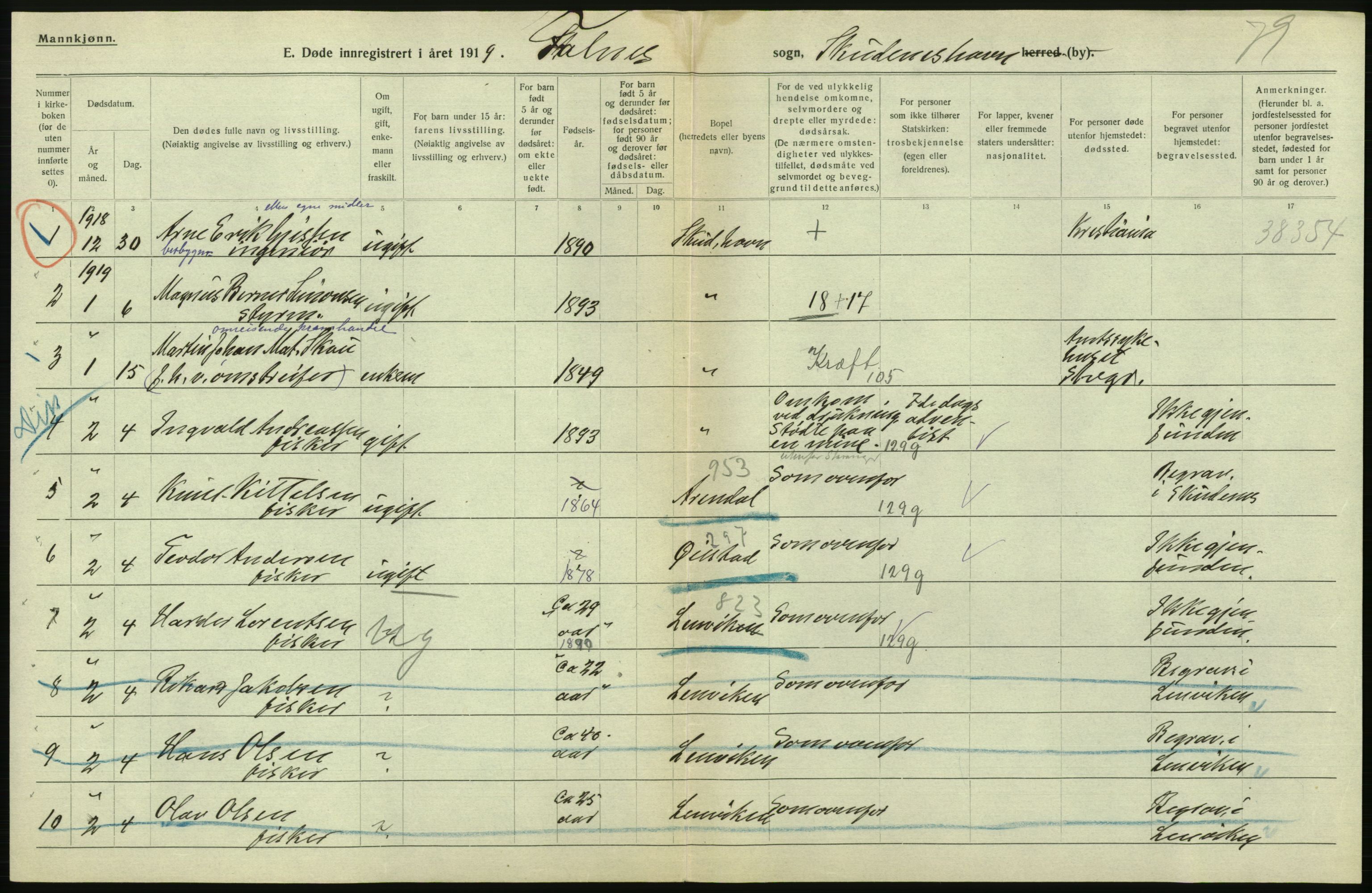 Statistisk sentralbyrå, Sosiodemografiske emner, Befolkning, RA/S-2228/D/Df/Dfb/Dfbi/L0030: Rogaland fylke: Døde. Bygder og byer., 1919, p. 444