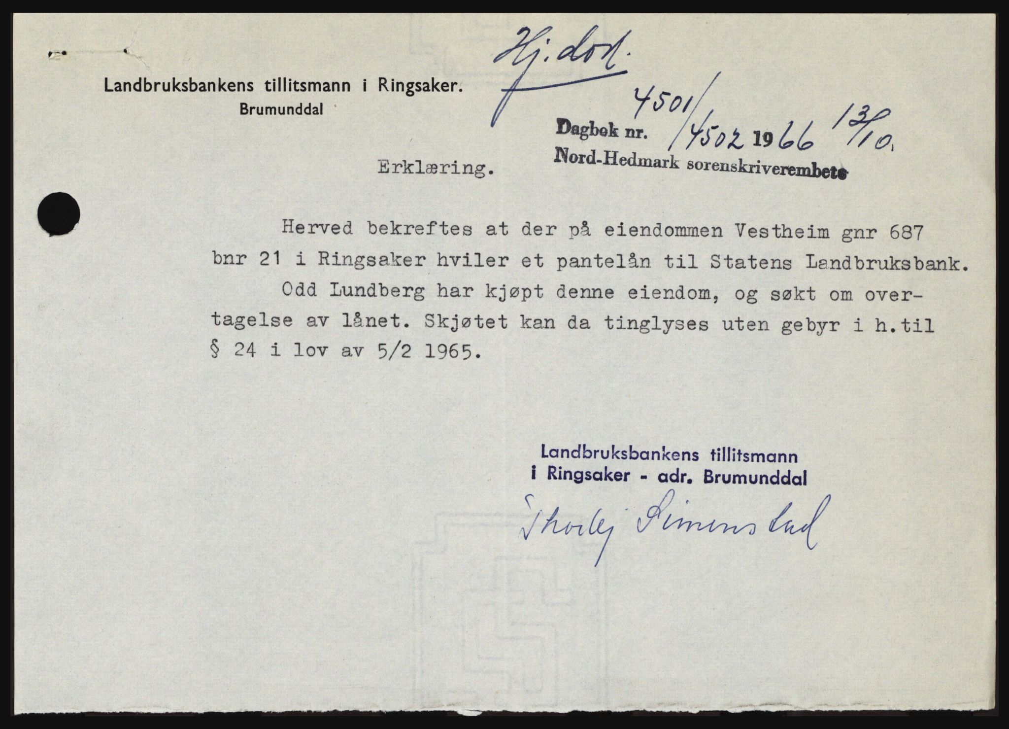 Nord-Hedmark sorenskriveri, SAH/TING-012/H/Hc/L0024: Mortgage book no. 24, 1966-1966, Diary no: : 4501/1966