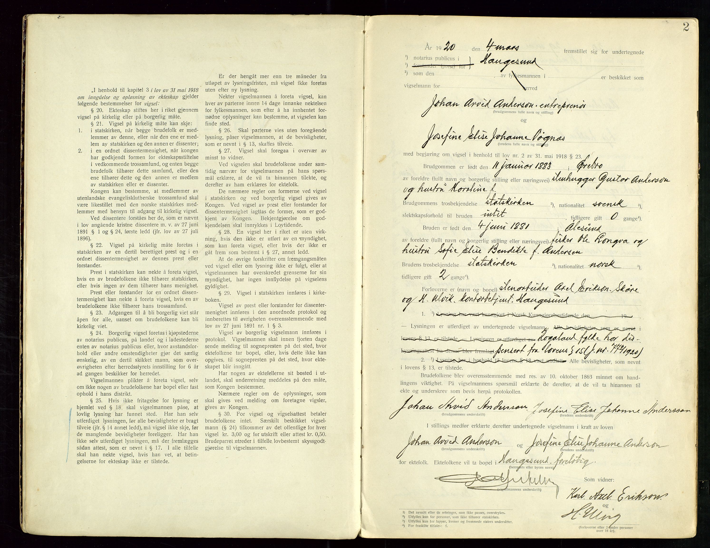 Haugesund tingrett, AV/SAST-A-101415/01/III/IIID/L0001: Vigselbok, 1920-1938, p. 2