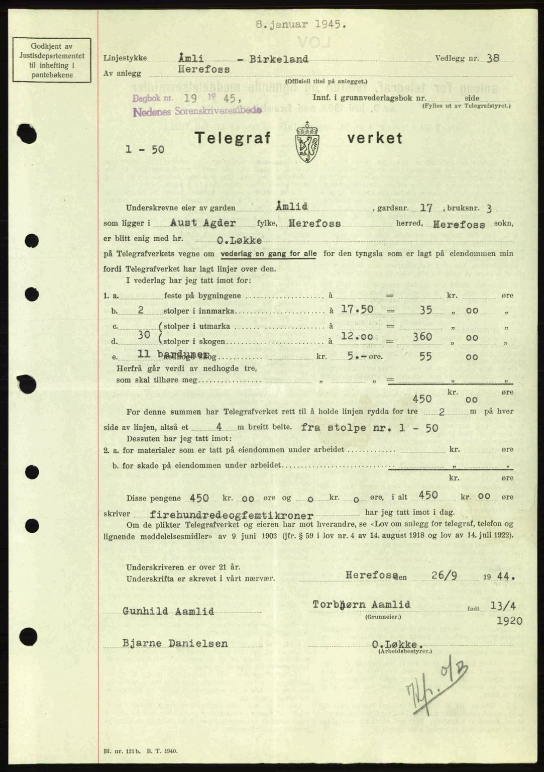 Nedenes sorenskriveri, SAK/1221-0006/G/Gb/Gba/L0052: Mortgage book no. A6a, 1944-1945, Diary no: : 19/1945