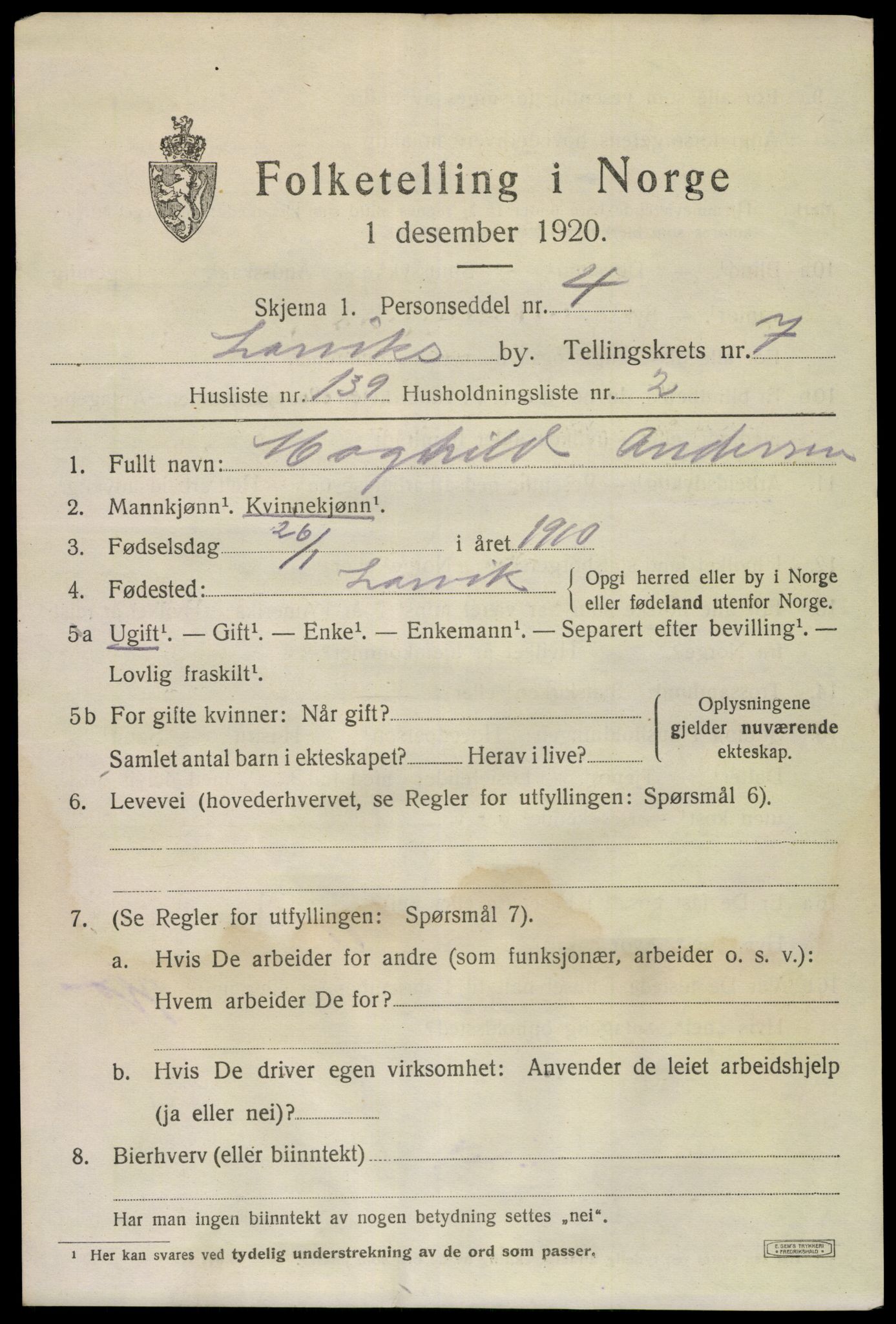 SAKO, 1920 census for Larvik, 1920, p. 22956