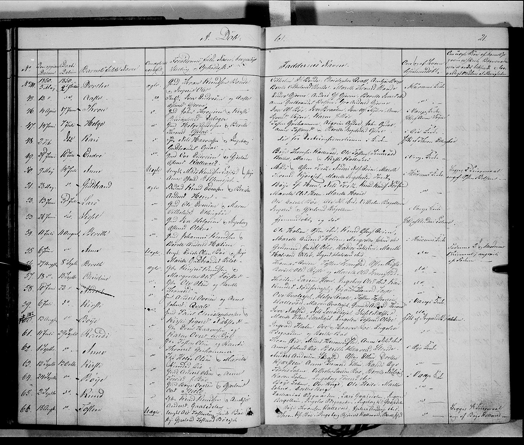 Vang prestekontor, Valdres, AV/SAH-PREST-140/H/Ha/L0006: Parish register (official) no. 6, 1846-1864, p. 21