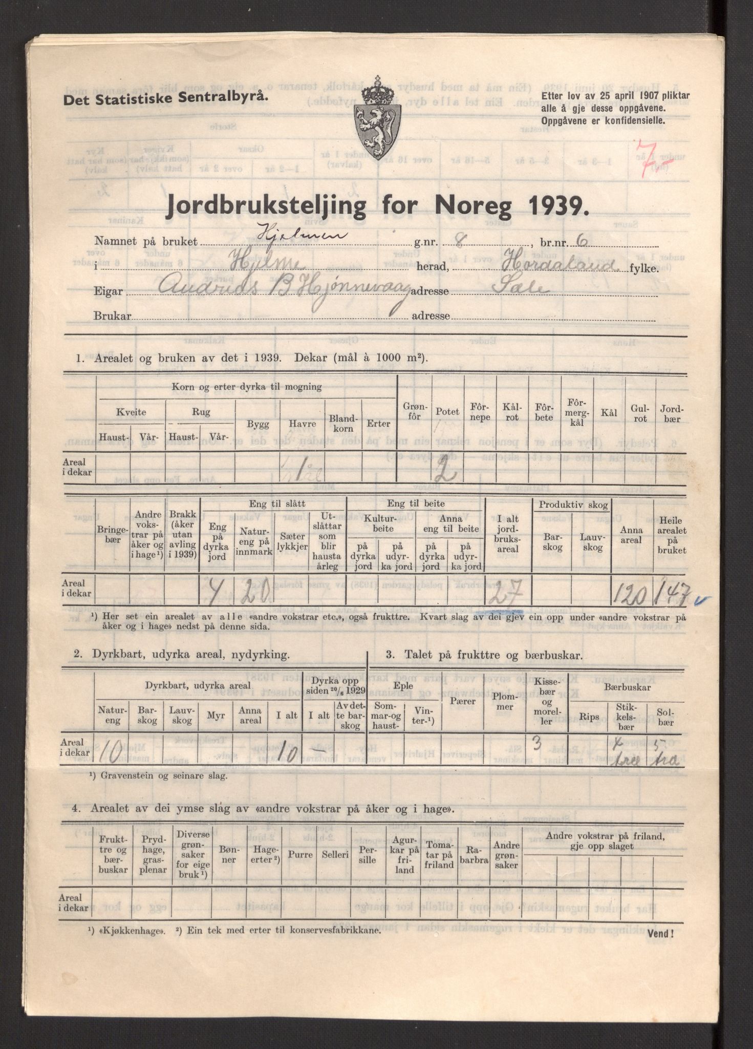 Statistisk sentralbyrå, Næringsøkonomiske emner, Jordbruk, skogbruk, jakt, fiske og fangst, AV/RA-S-2234/G/Gb/L0211: Hordaland: Herdla, Hjelme og Manger, 1939, p. 1353