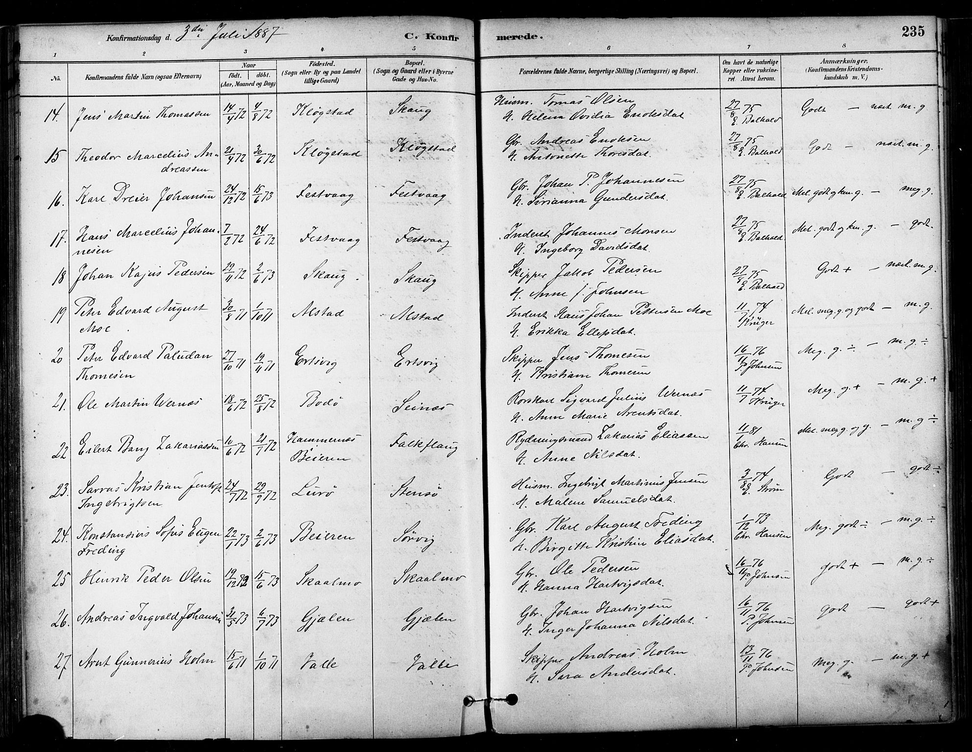 Ministerialprotokoller, klokkerbøker og fødselsregistre - Nordland, SAT/A-1459/802/L0054: Parish register (official) no. 802A01, 1879-1893, p. 235